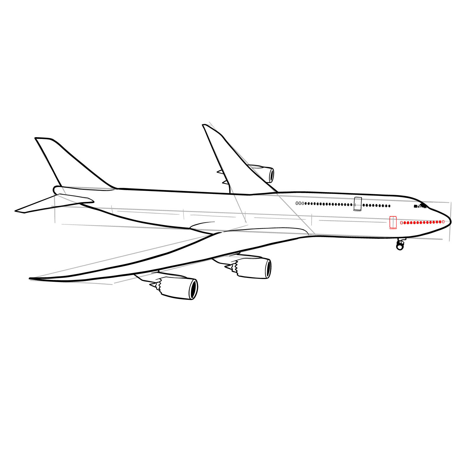 How to draw a Boeing 747-800 - step 27
