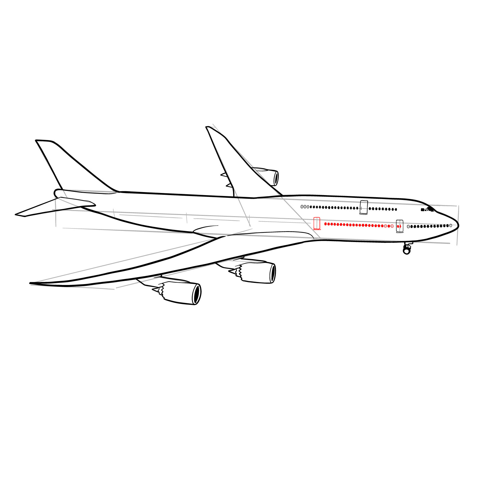 How to draw a Boeing 747-800 - step 28