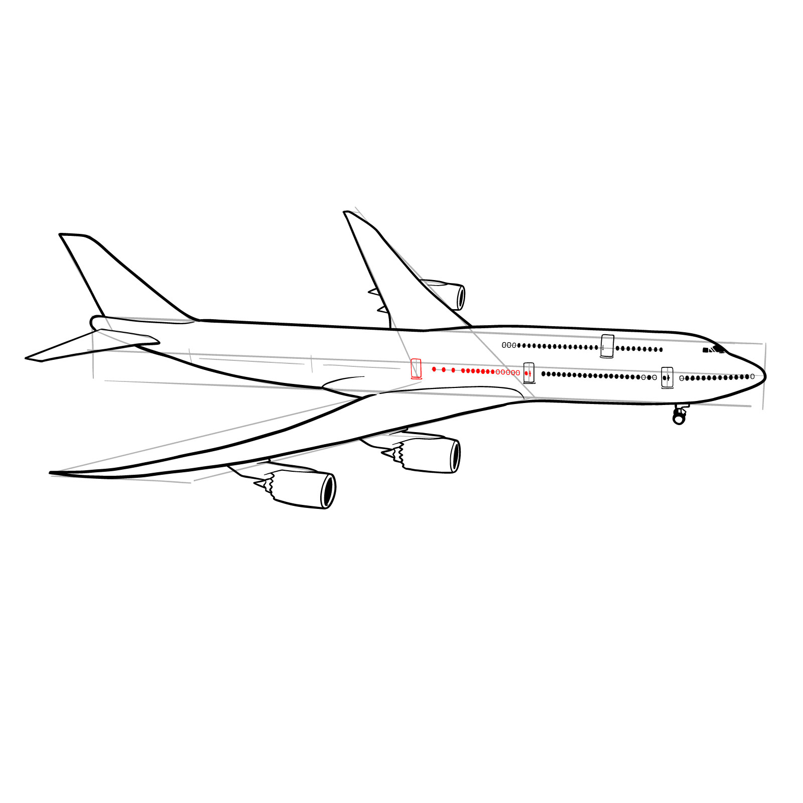 How to draw a Boeing 747-800 - step 29
