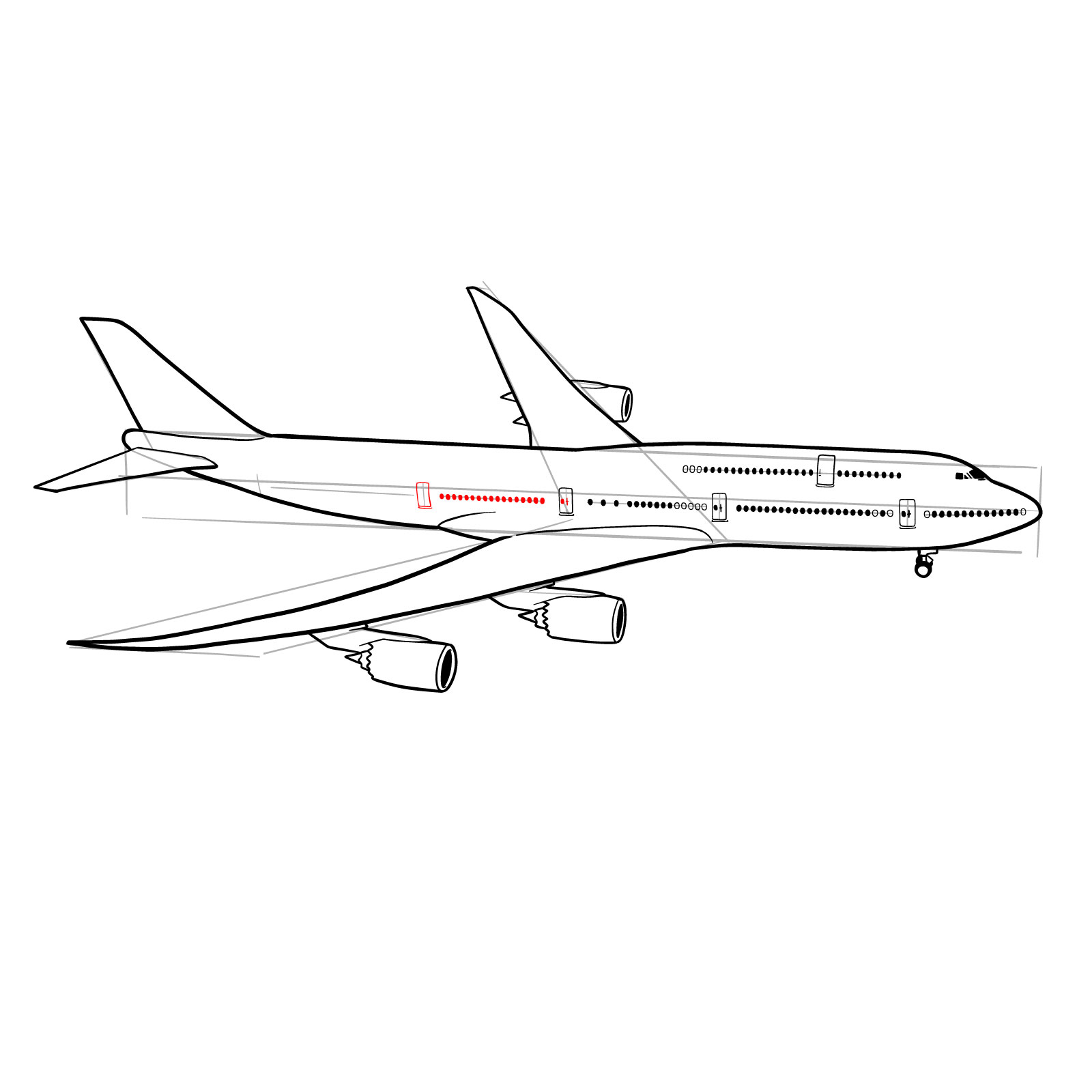 How to draw a Boeing 747-800 - step 30
