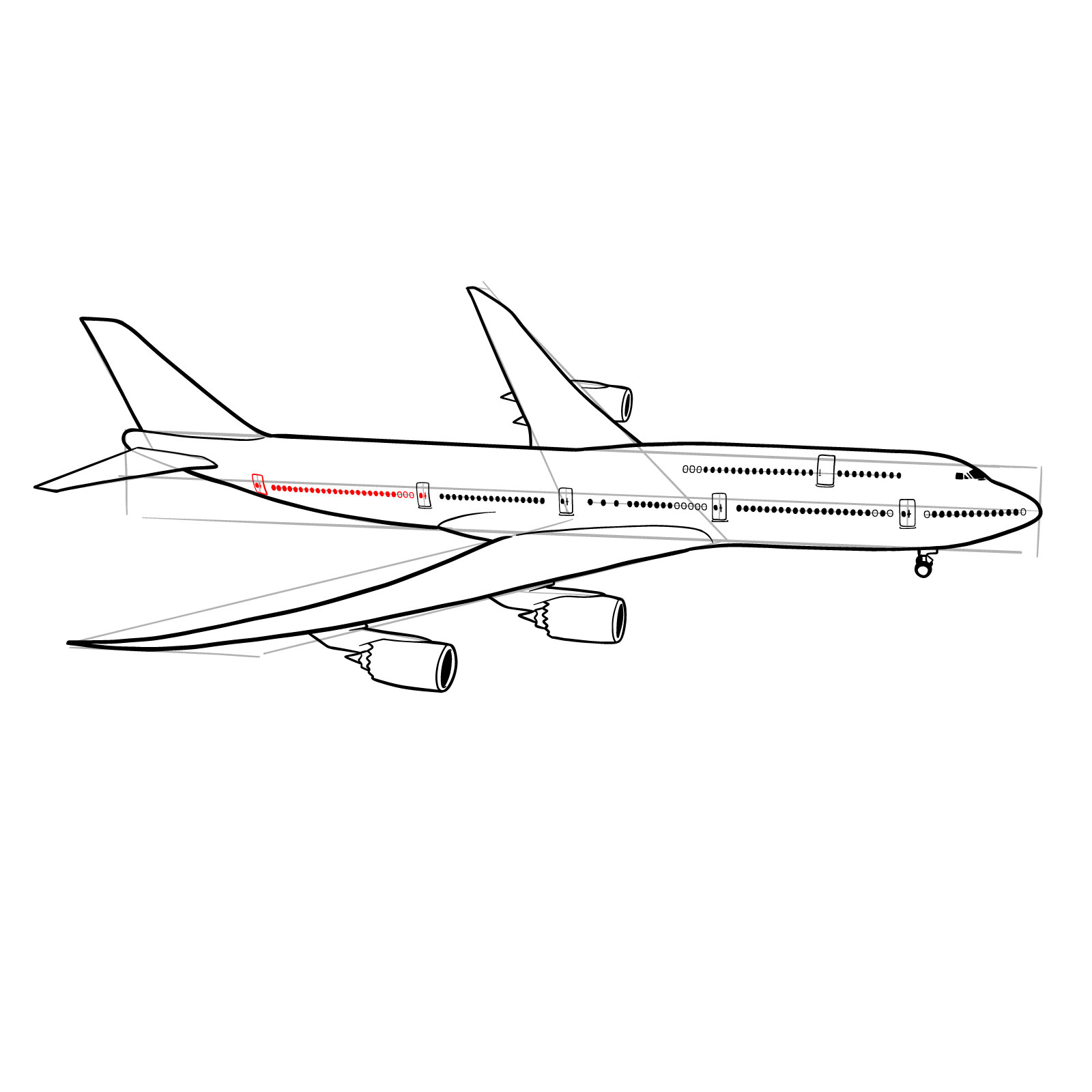 How to draw a Boeing 747-800 - step 31