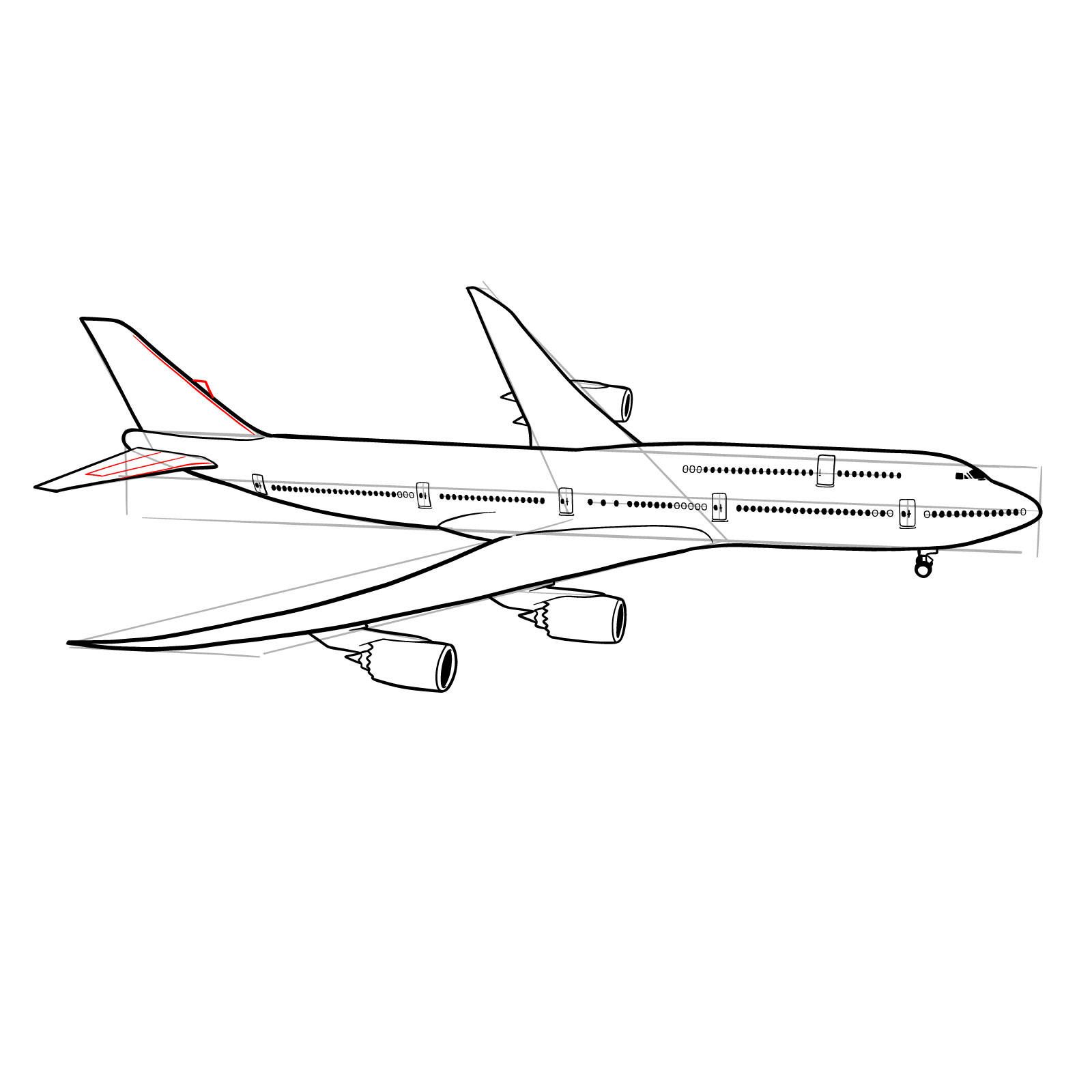How to draw a Boeing 747-800 - step 32