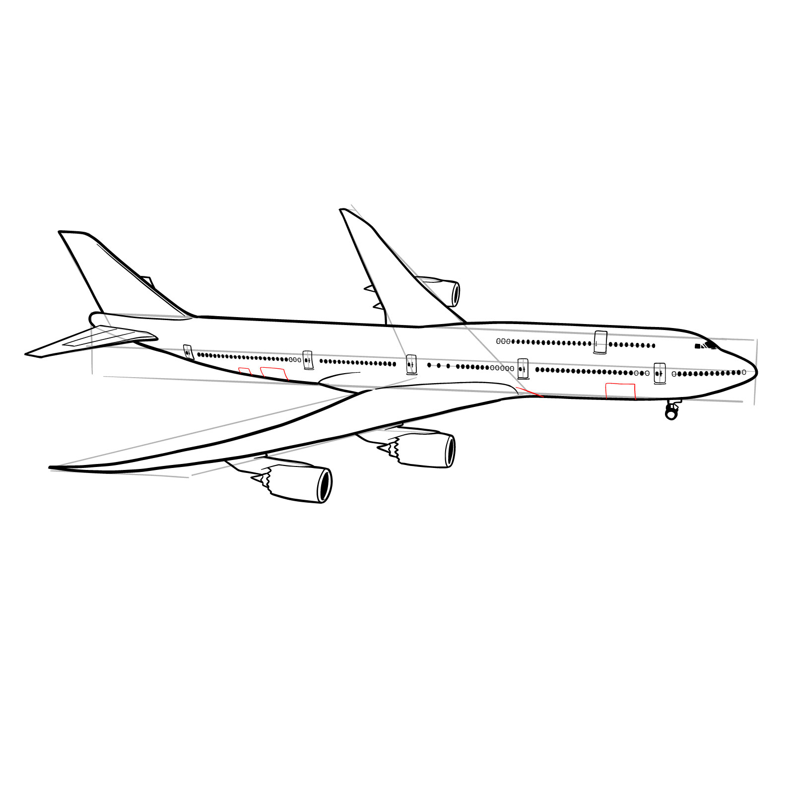 How to draw a Boeing 747-800 - step 33