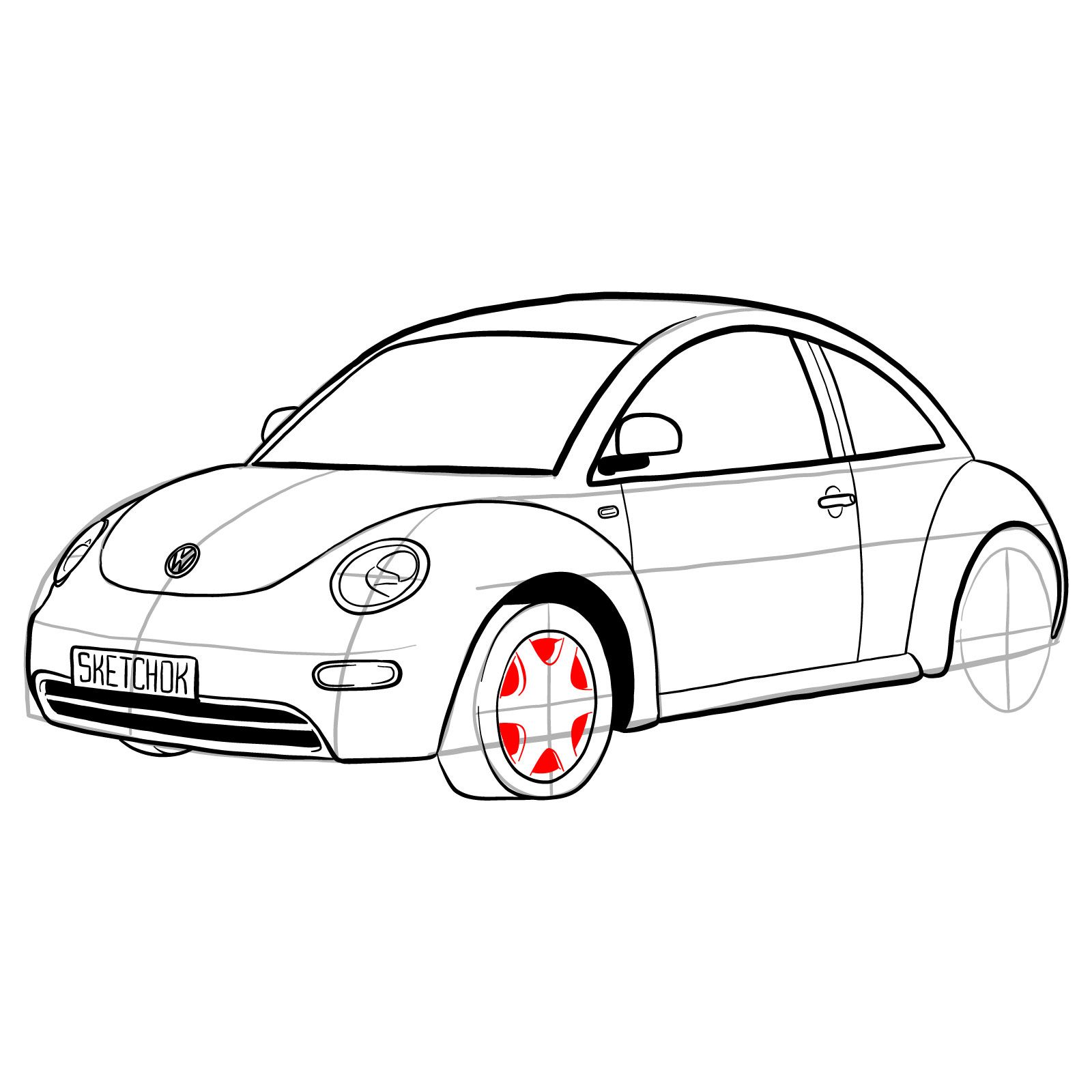 How to draw Volkswagen New Beetle - step 29