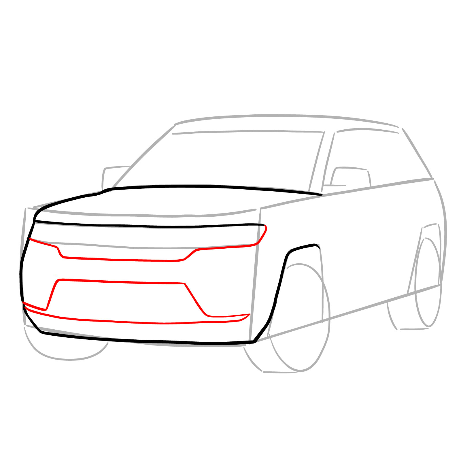 Front shapes of lights, bumper, and grille in 2022 Jeep Grand Cherokee drawing - step 06