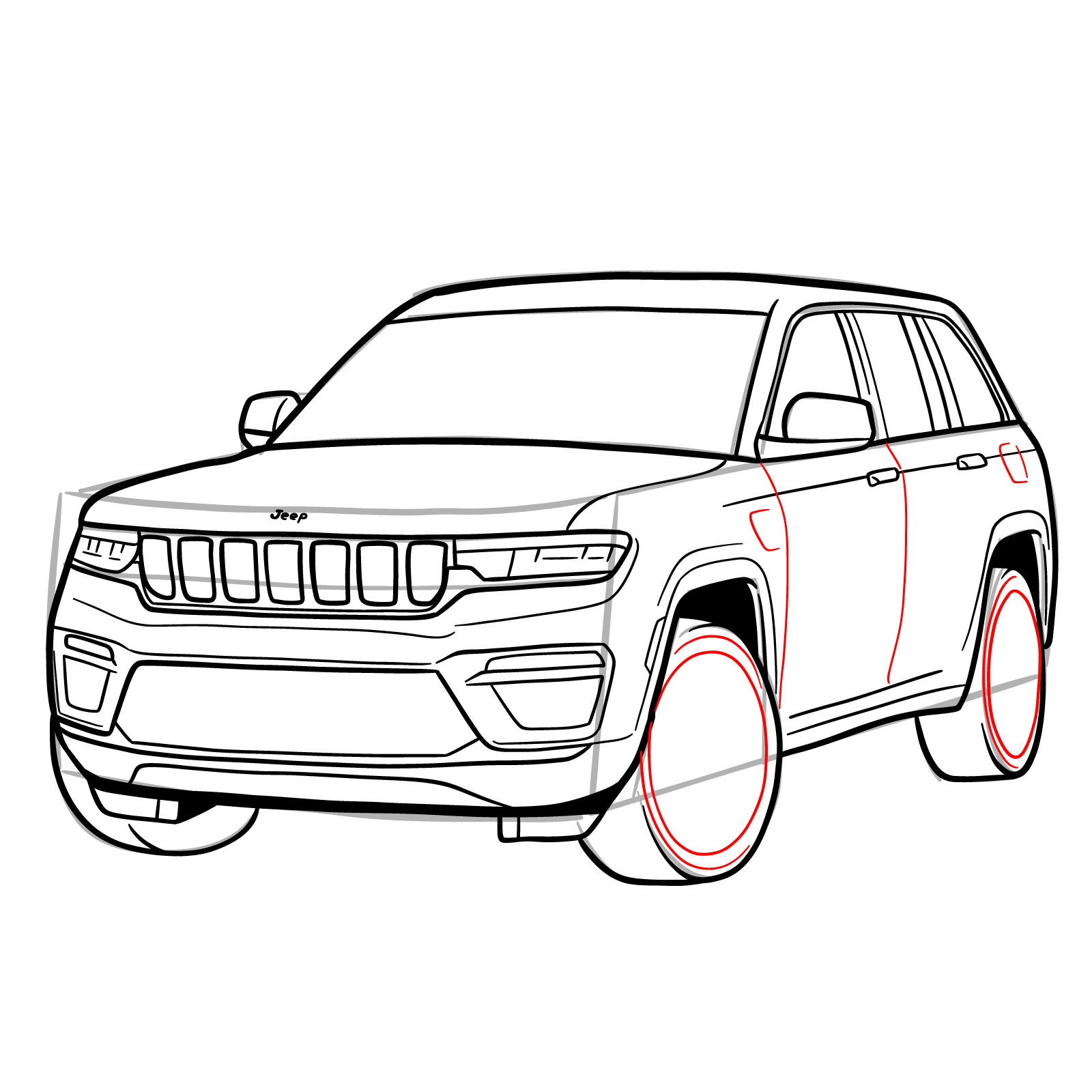 Adding vertical lines to doors and wheel details in 2022 Jeep Grand Cherokee drawing - step 18