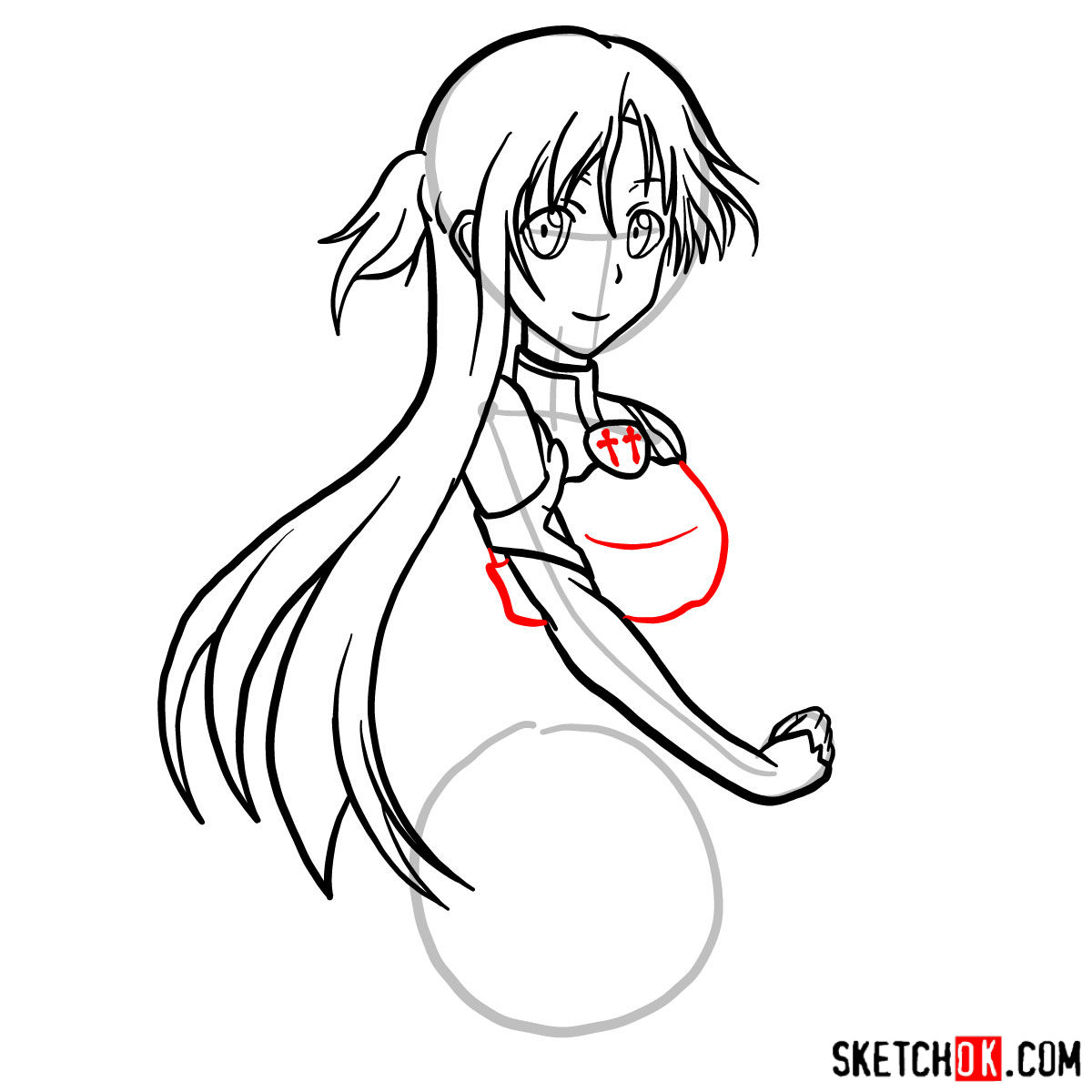 How to draw Yuuki Asuna to the waist - step 09