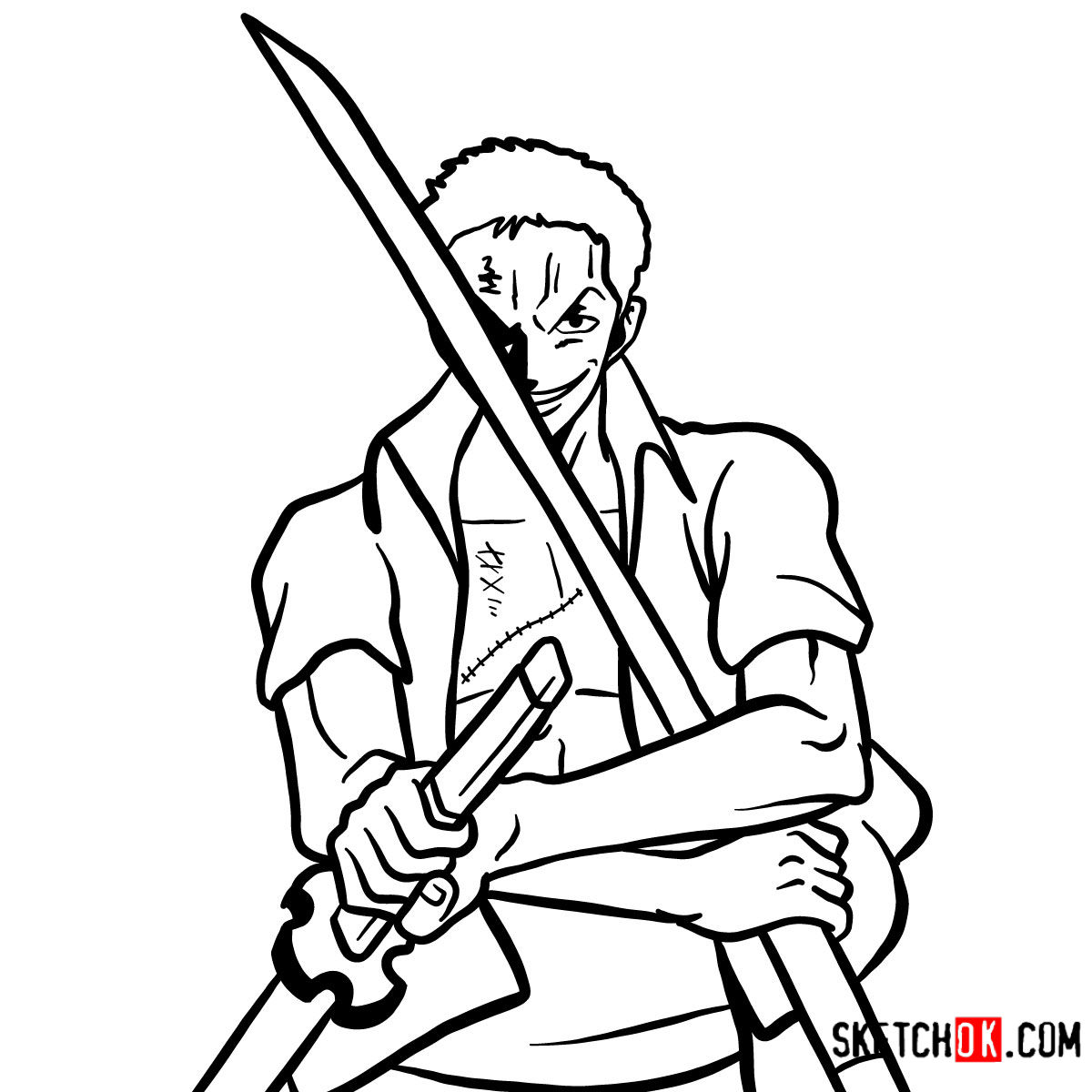 How To Draw Roronoa Zoro With Swords One Piece Sketchok Easy Drawing Guides