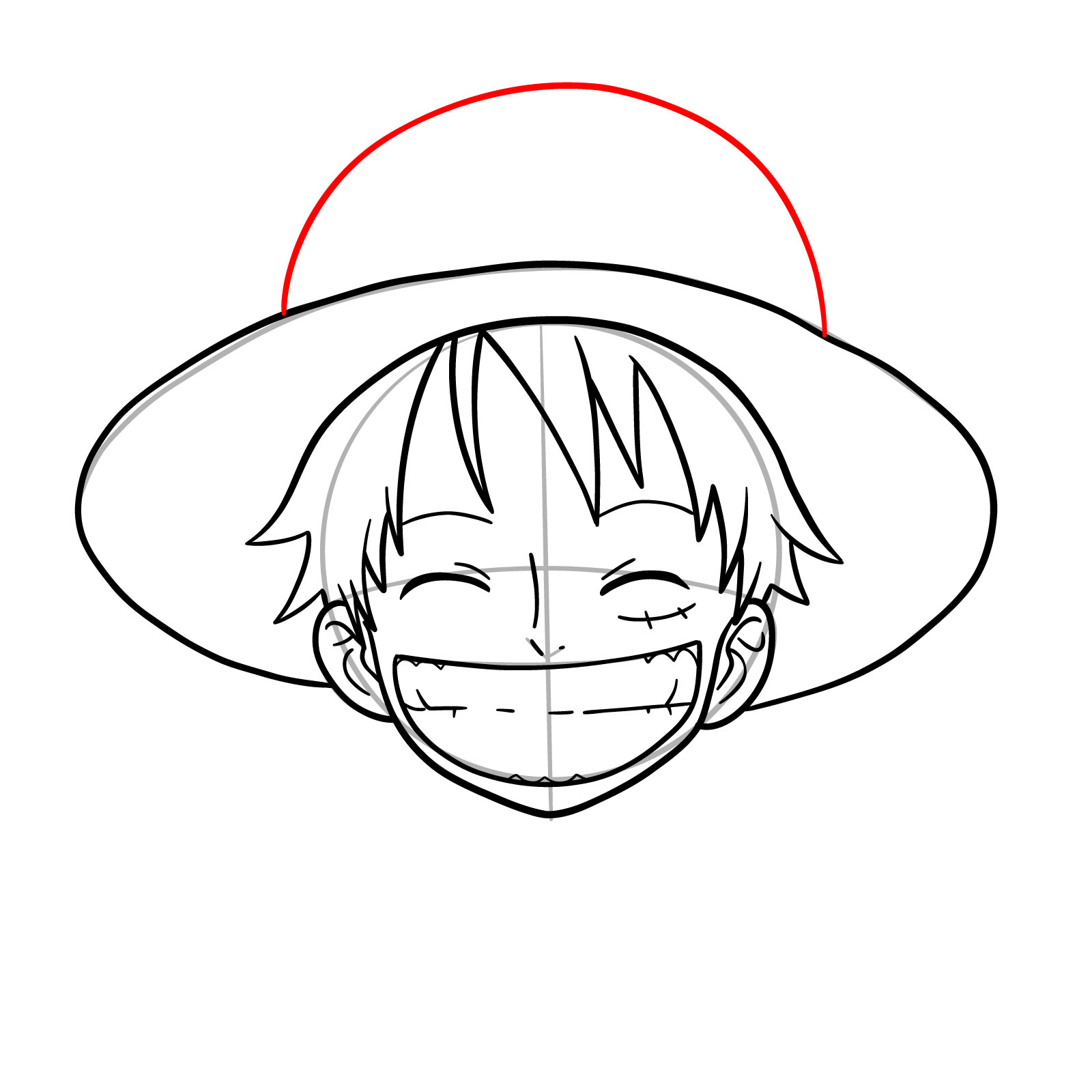 Upper part of Luffy’s straw hat drawn - step 11