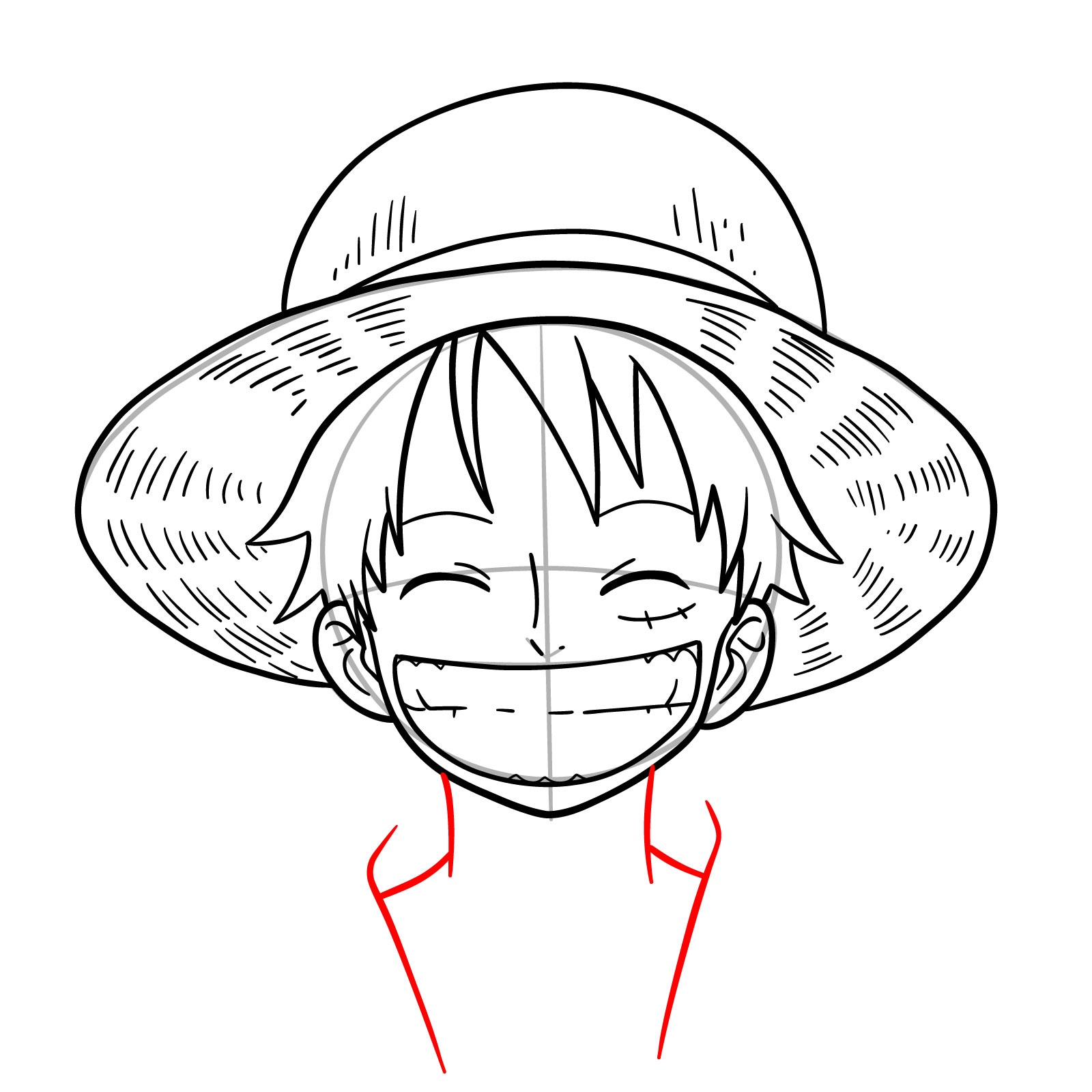 Luffy’s neck and the beginning of his jacket sketch - step 13