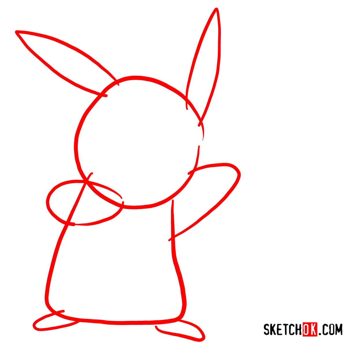 A rudimentary outline sketch capturing the basic proportions of Pikachu's body, head, arms, legs, and ears - step 01