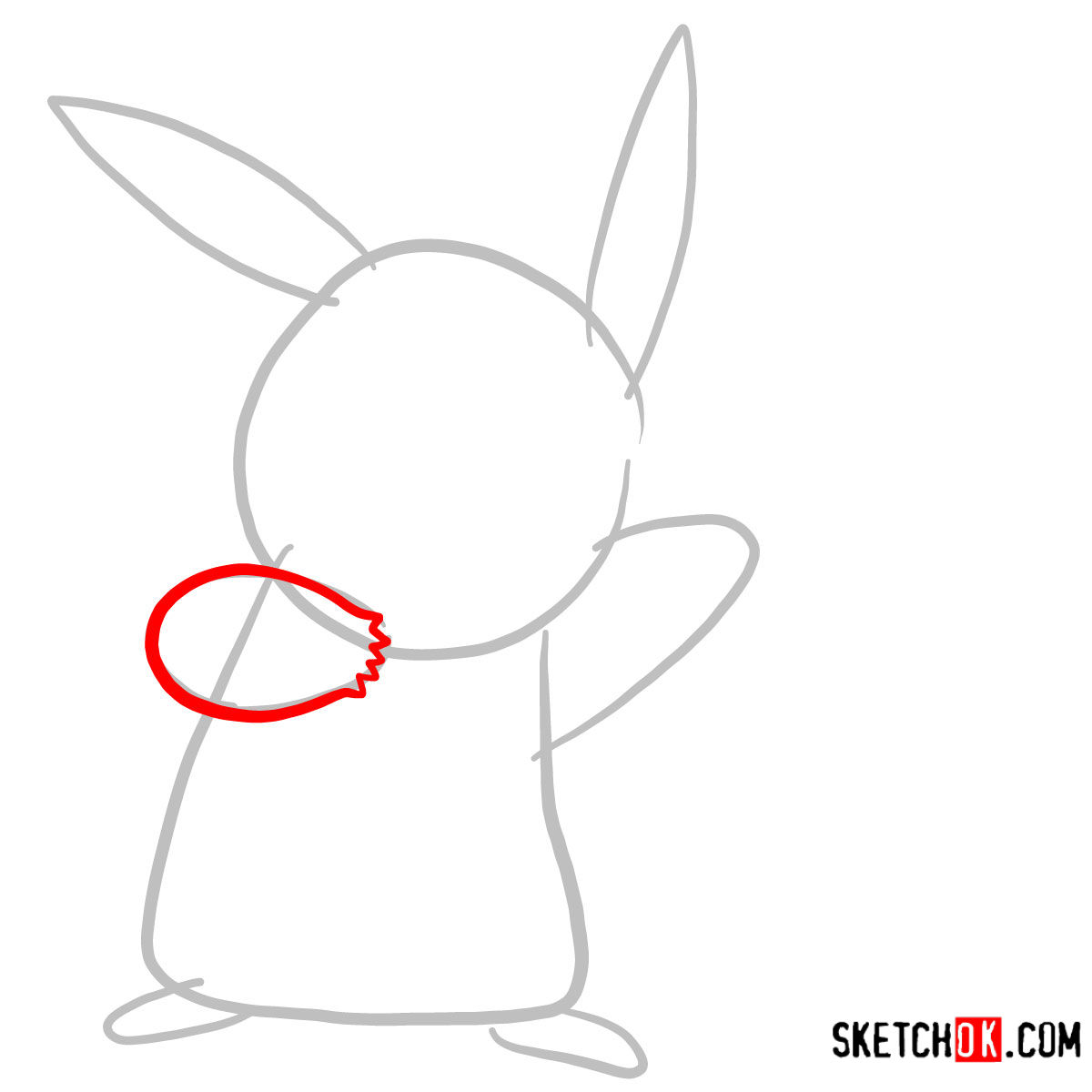 A more defined sketch of Pikachu's right arm, showing its curved structure - step 02