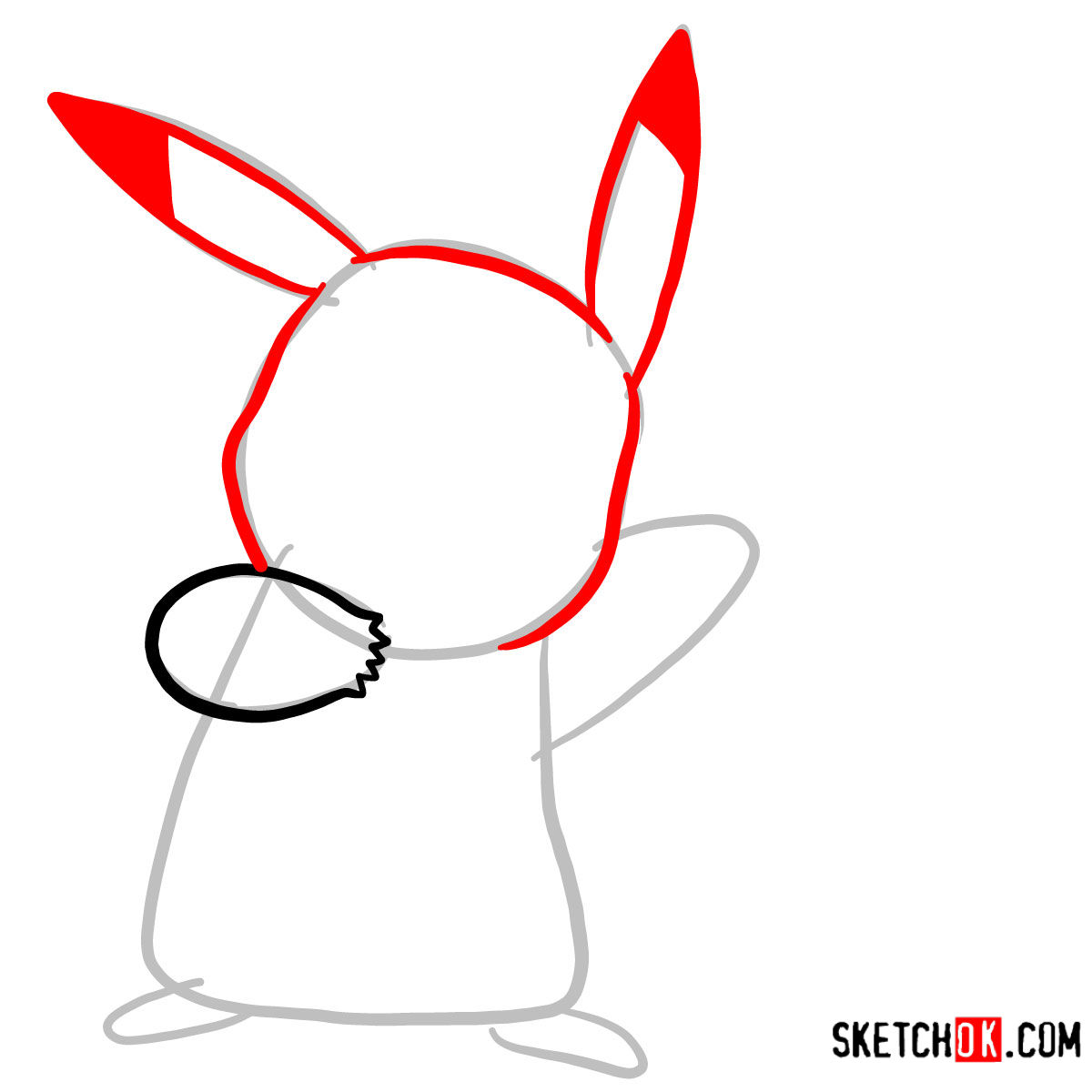 An outlined sketch of Pikachu's head and ears, with the tips of the ears filled in black - step 03