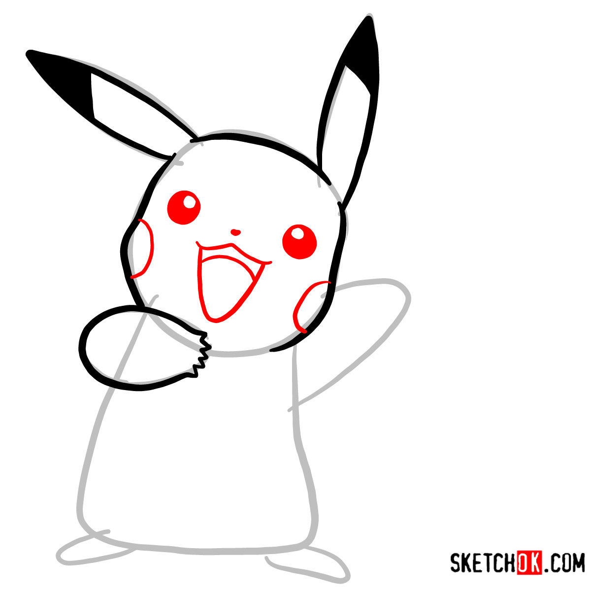 Detailed facial features of Pikachu, including black-filled eyes with white highlights, a small nose, red cheeks, and an open mouth - step 04