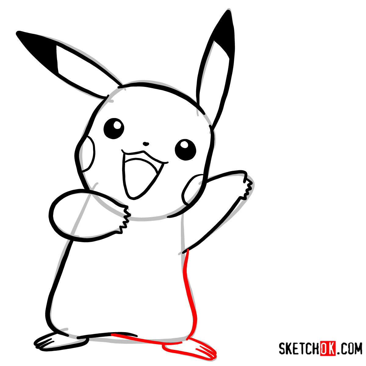 The drawing now showcases the left side and bottom part of Pikachu's body, along with the left foot's outline - step 07