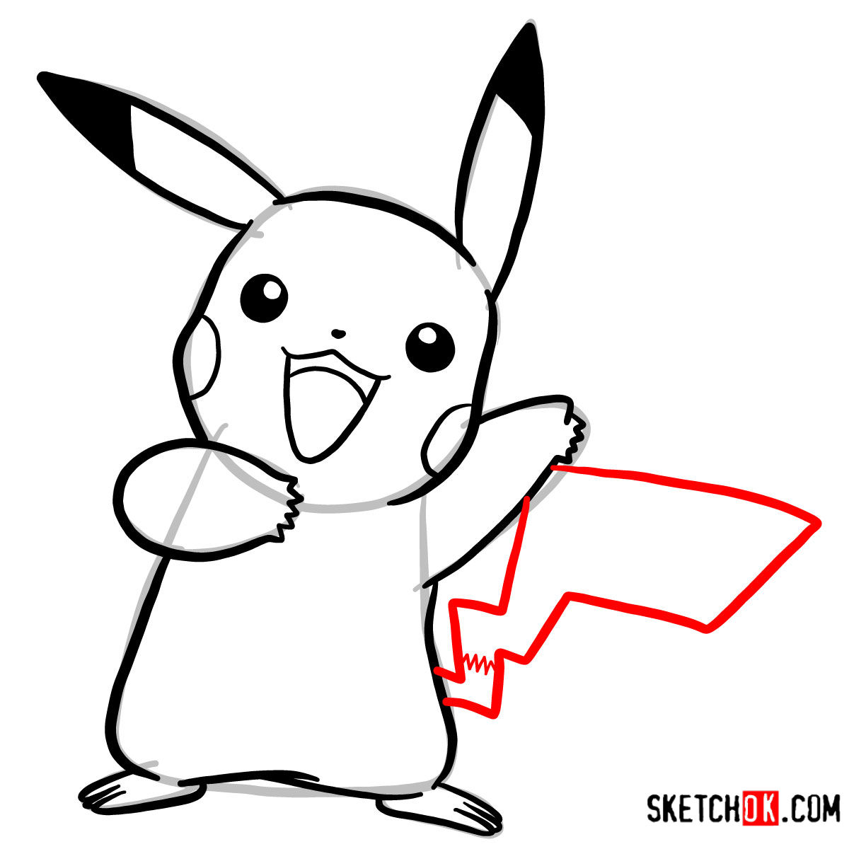 Pikachu's distinct zig-zag tail is now added to the drawing, stretching out from the back - step 08