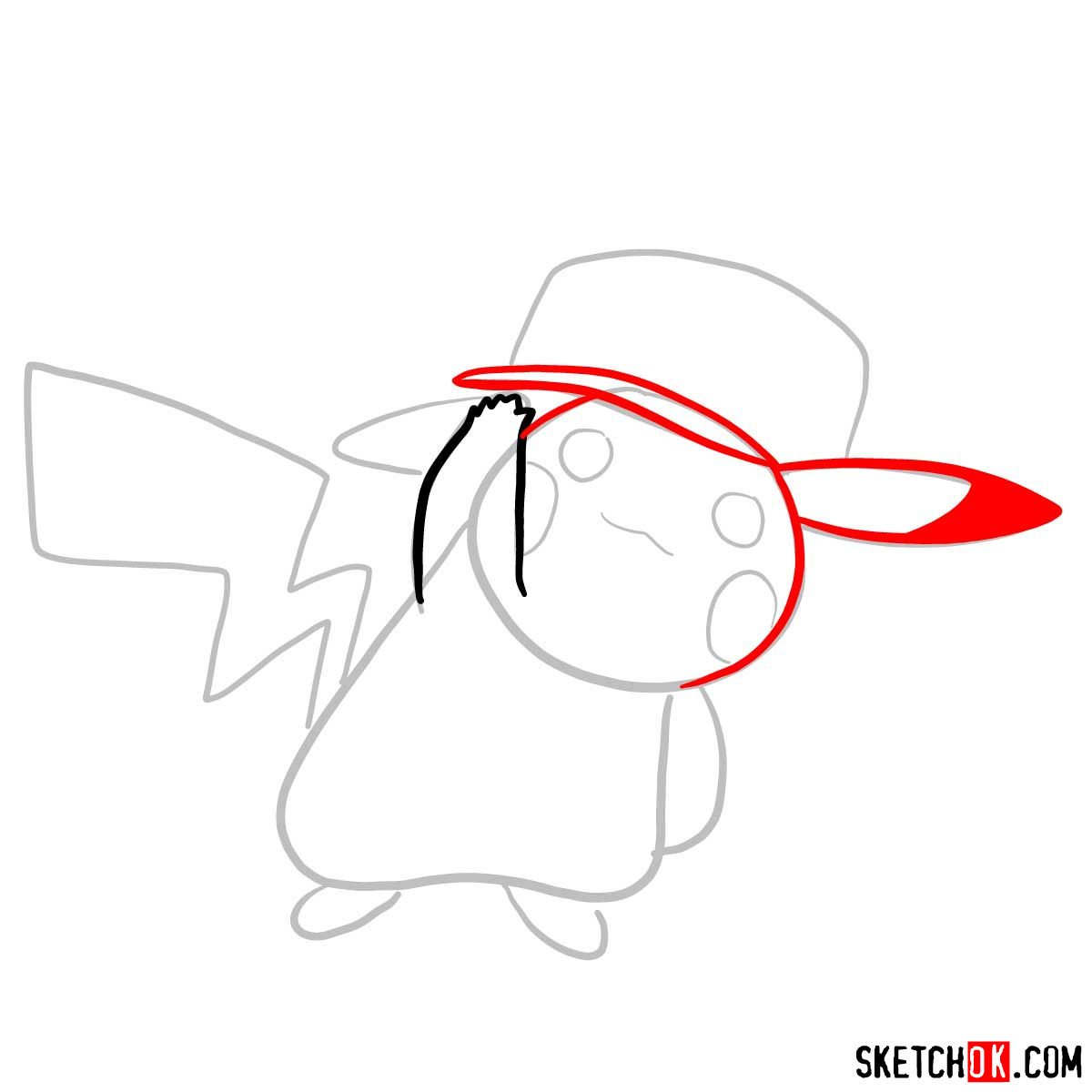 How to draw Pikachu in a cap with pokeball logo - step 04