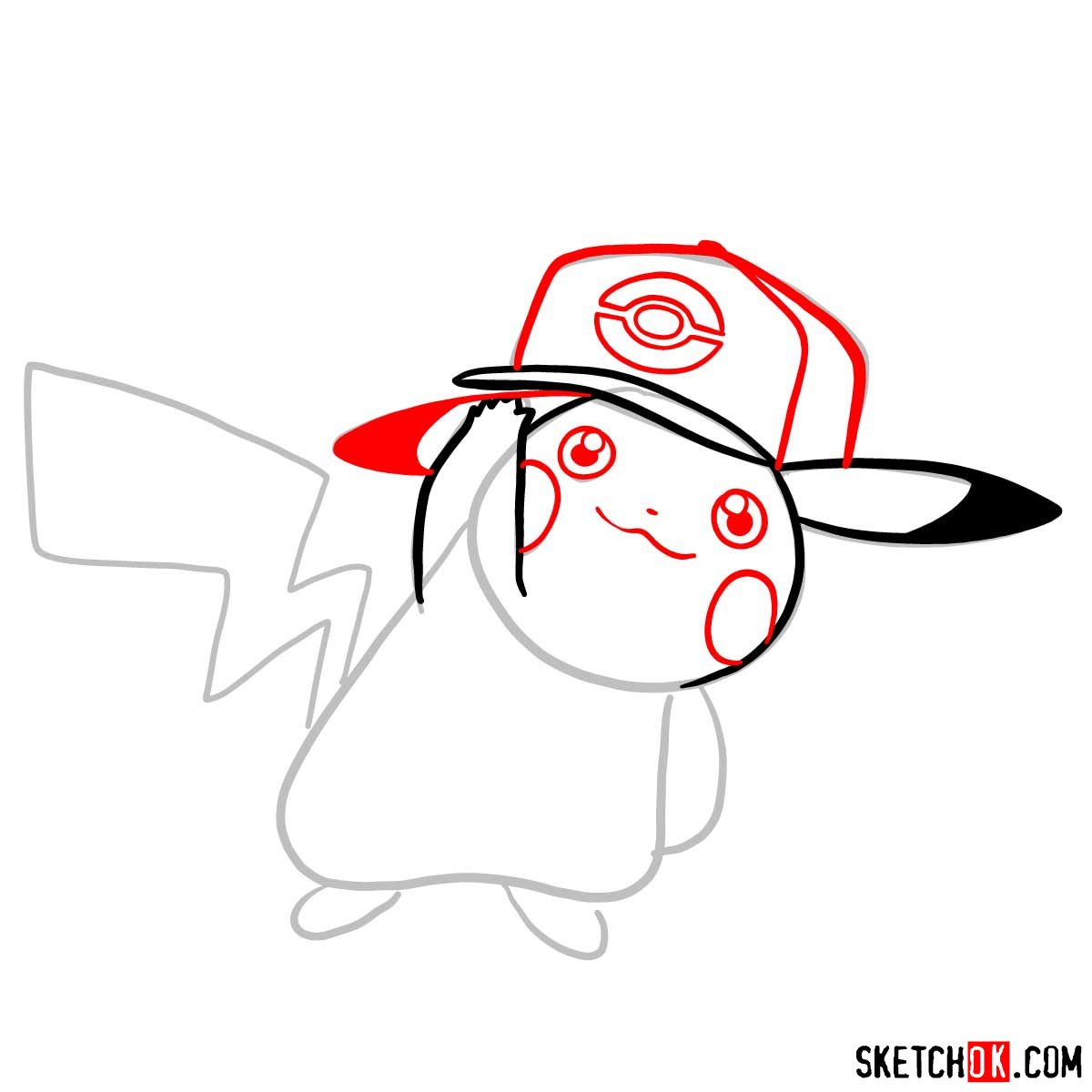How to draw Pikachu in a cap with pokeball logo - step 05