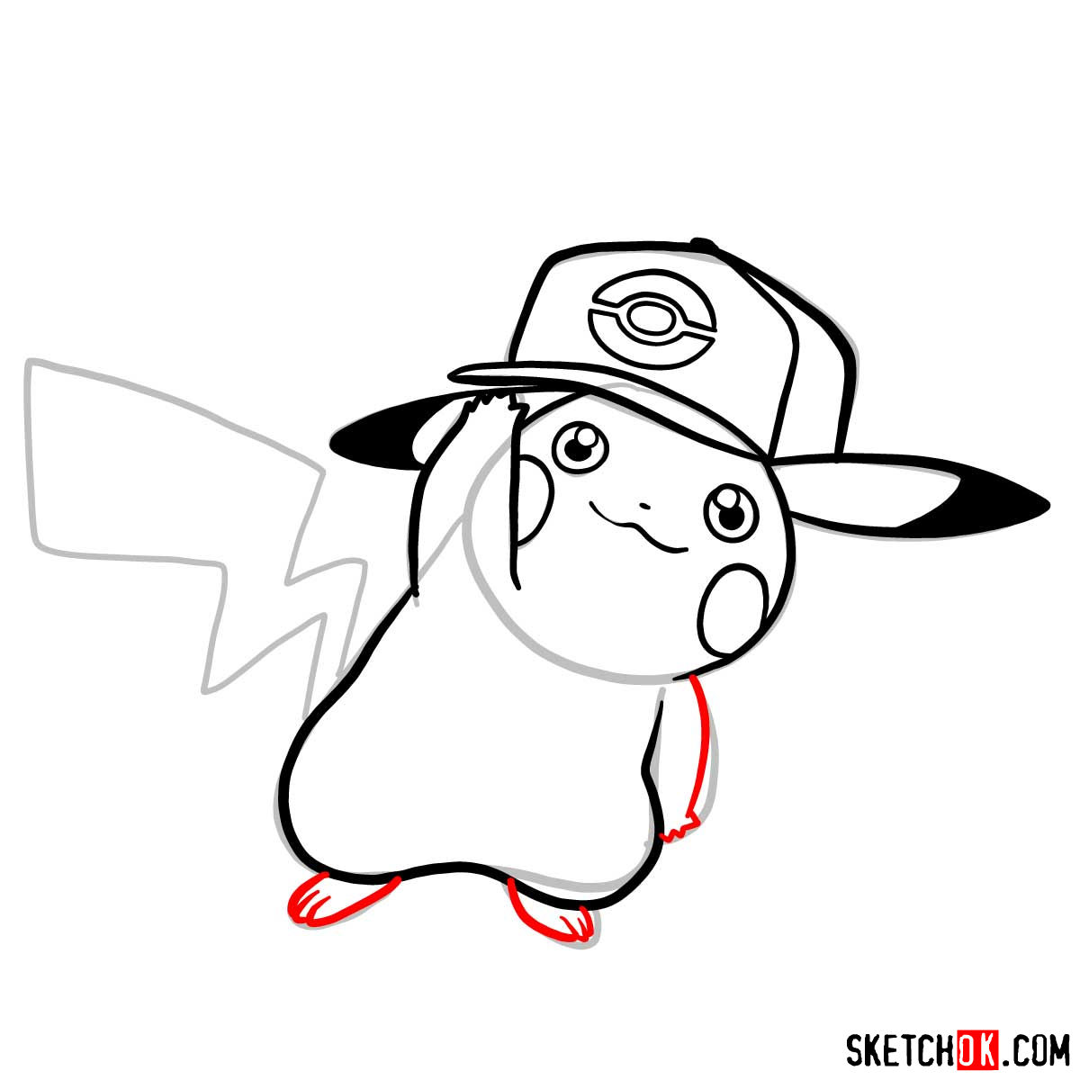 How to draw Pikachu in a cap with pokeball logo - step 07