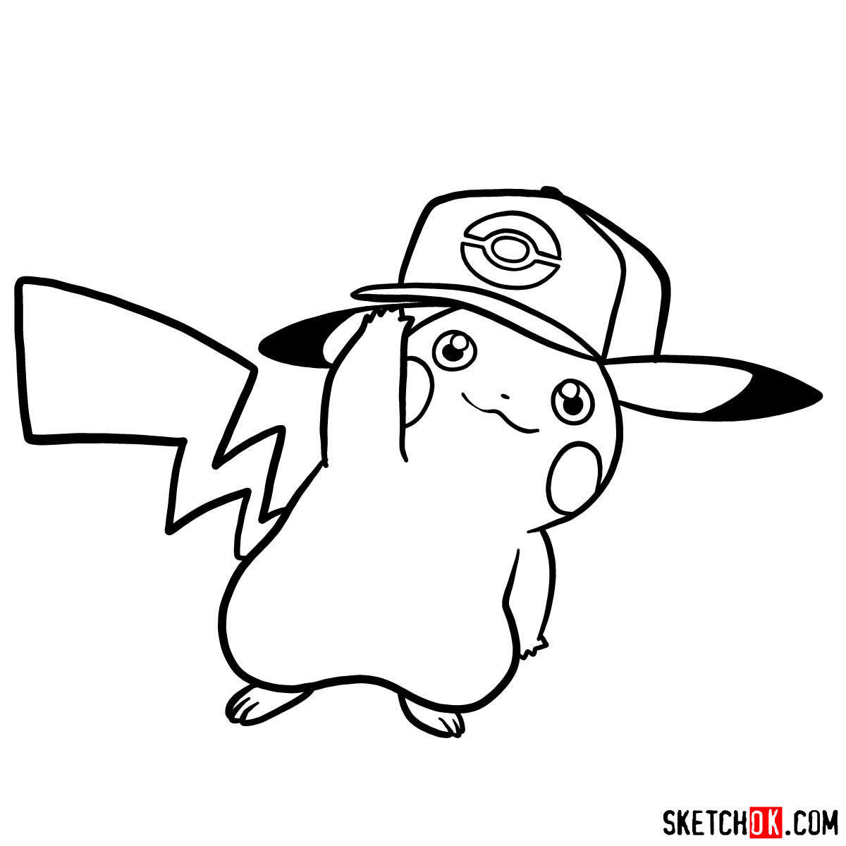 Drawing Tutorial Of Pikachu In A Cap With Pokeball Logo Sketchok Step By Step Drawing Tutorials