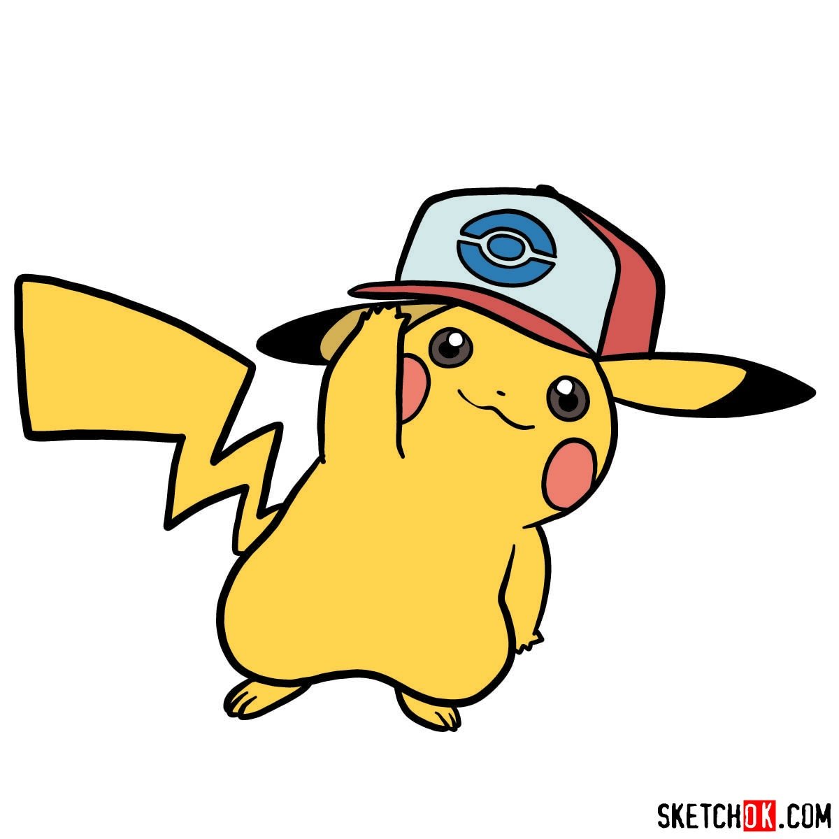 Drawing tutorial of Pikachu in a cap with pokeball logo Sketchok easy