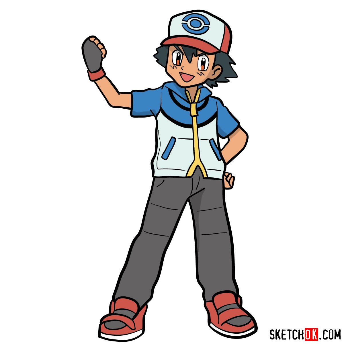 How to draw Ash from Pokemon anime - Sketchok easy drawing guides