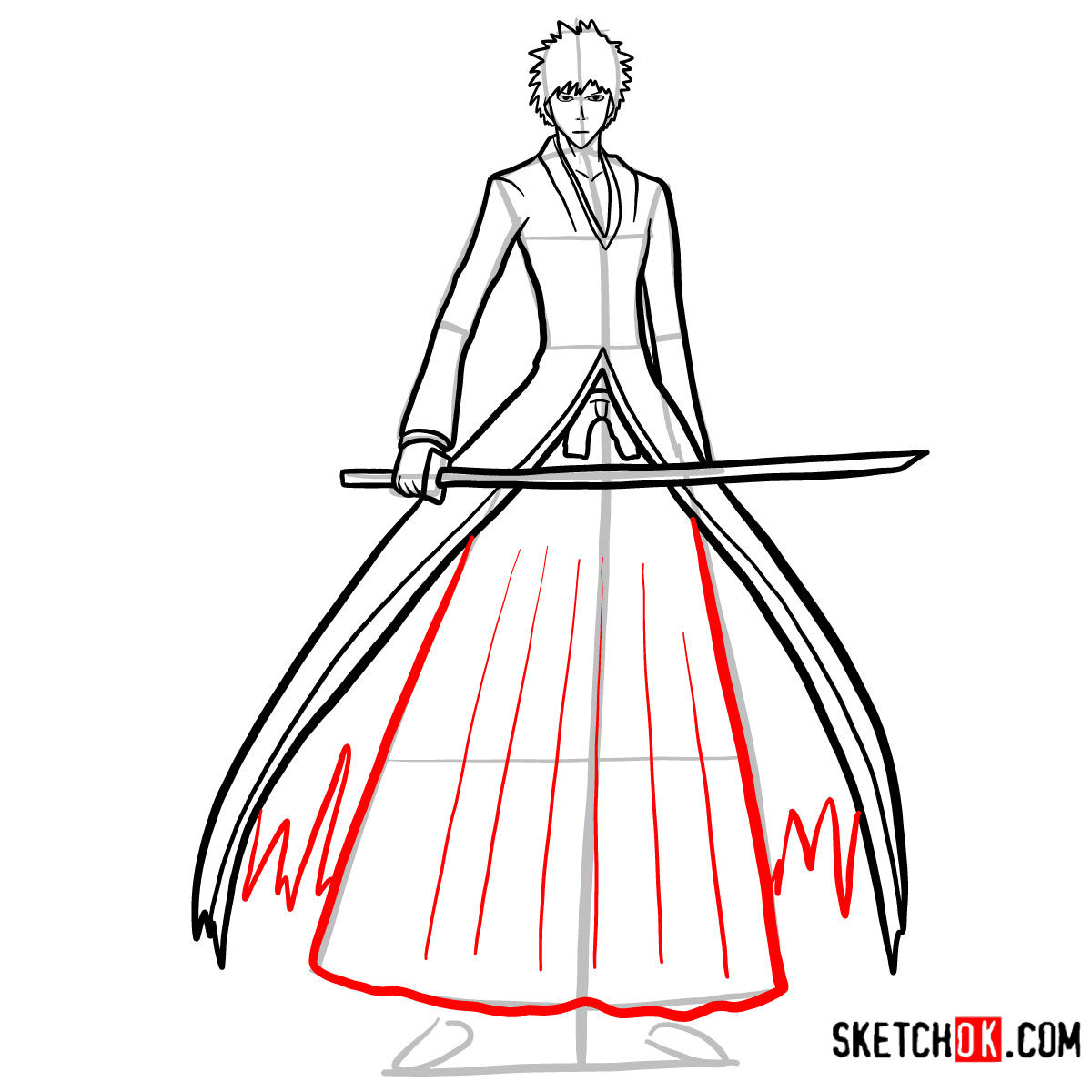 Finalizing the outfit in a step-by-step guide for Ichigo Kurosaki full body drawing - step 11