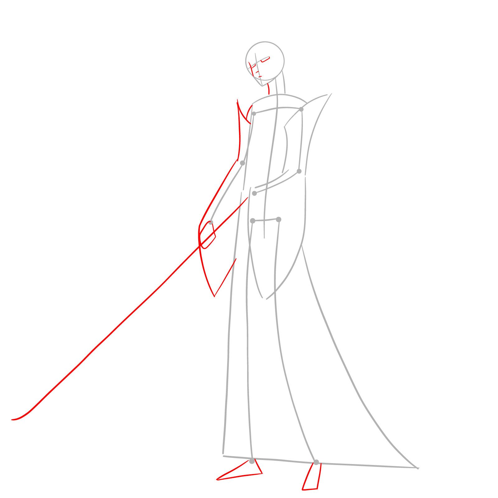 Guide lines on Rukia's face and preliminary sketch of her right hand and sleeve. - step 03