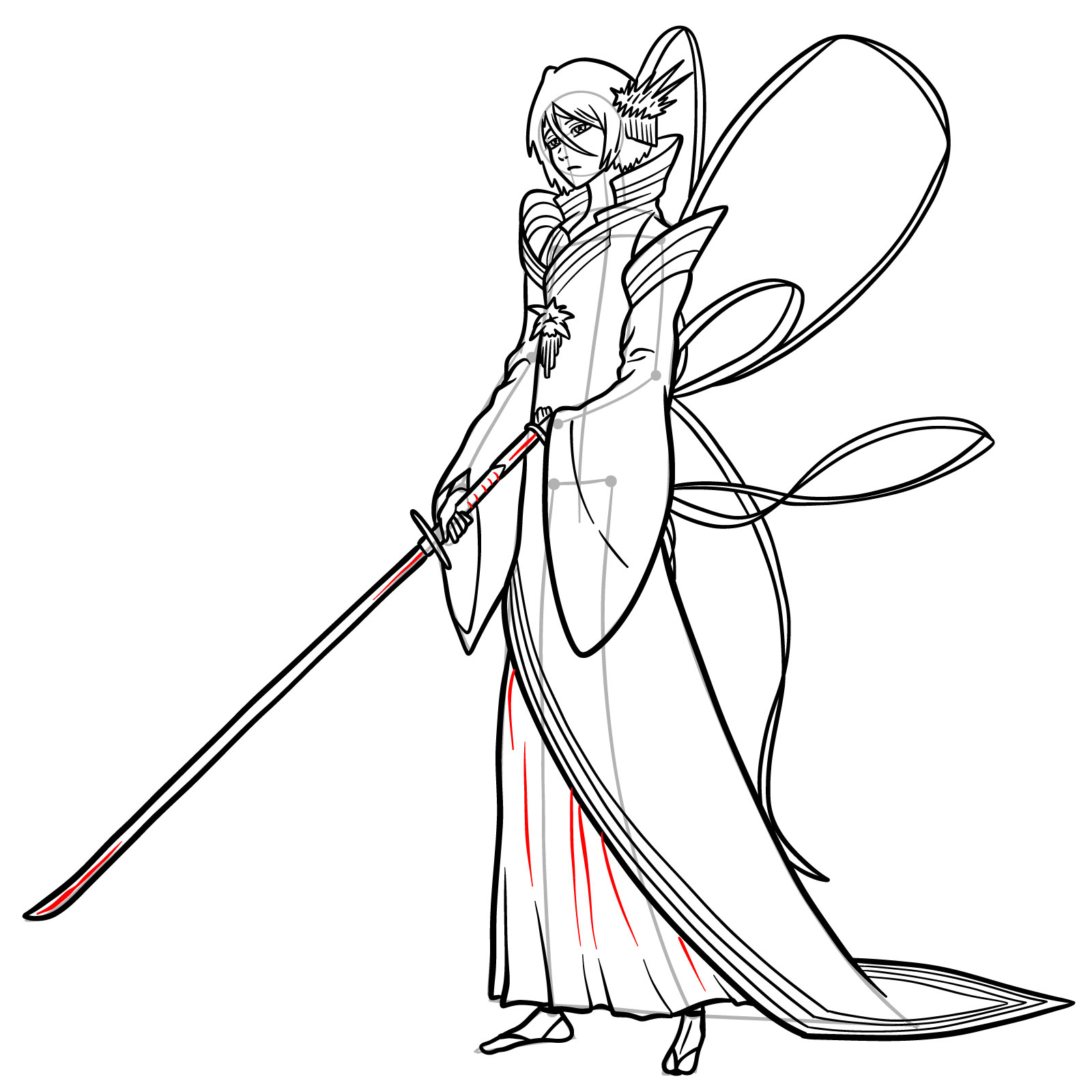 Detailed sketch emphasizing the flowy nature of the kimono and the intricacies of Rukia's weapon design. - step 30