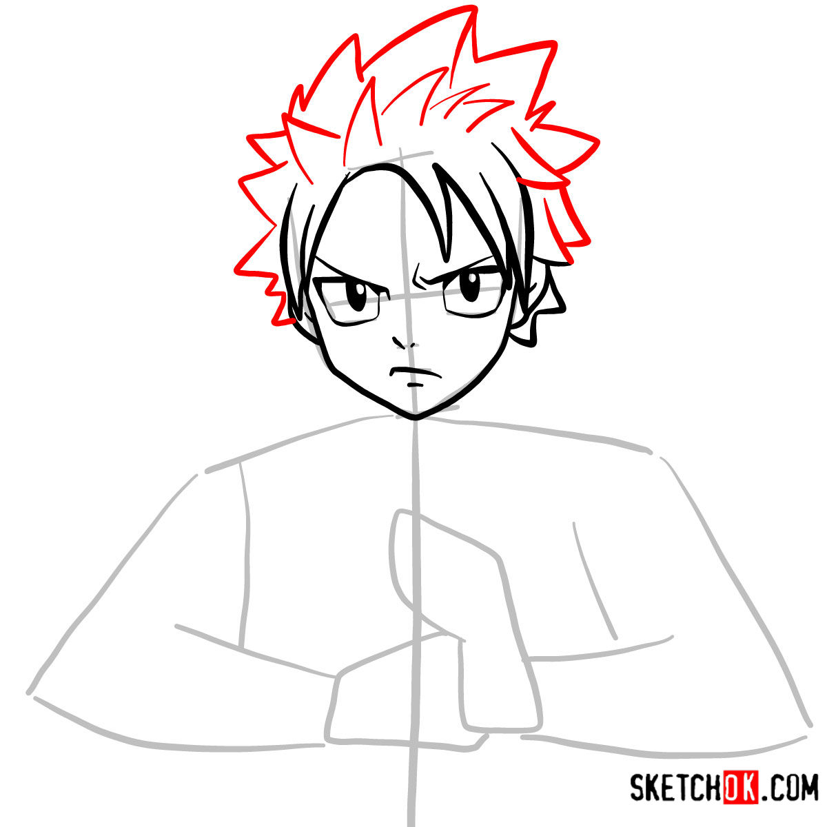 How to draw Natsu Dragneel's face | Fairy Tail - step 05