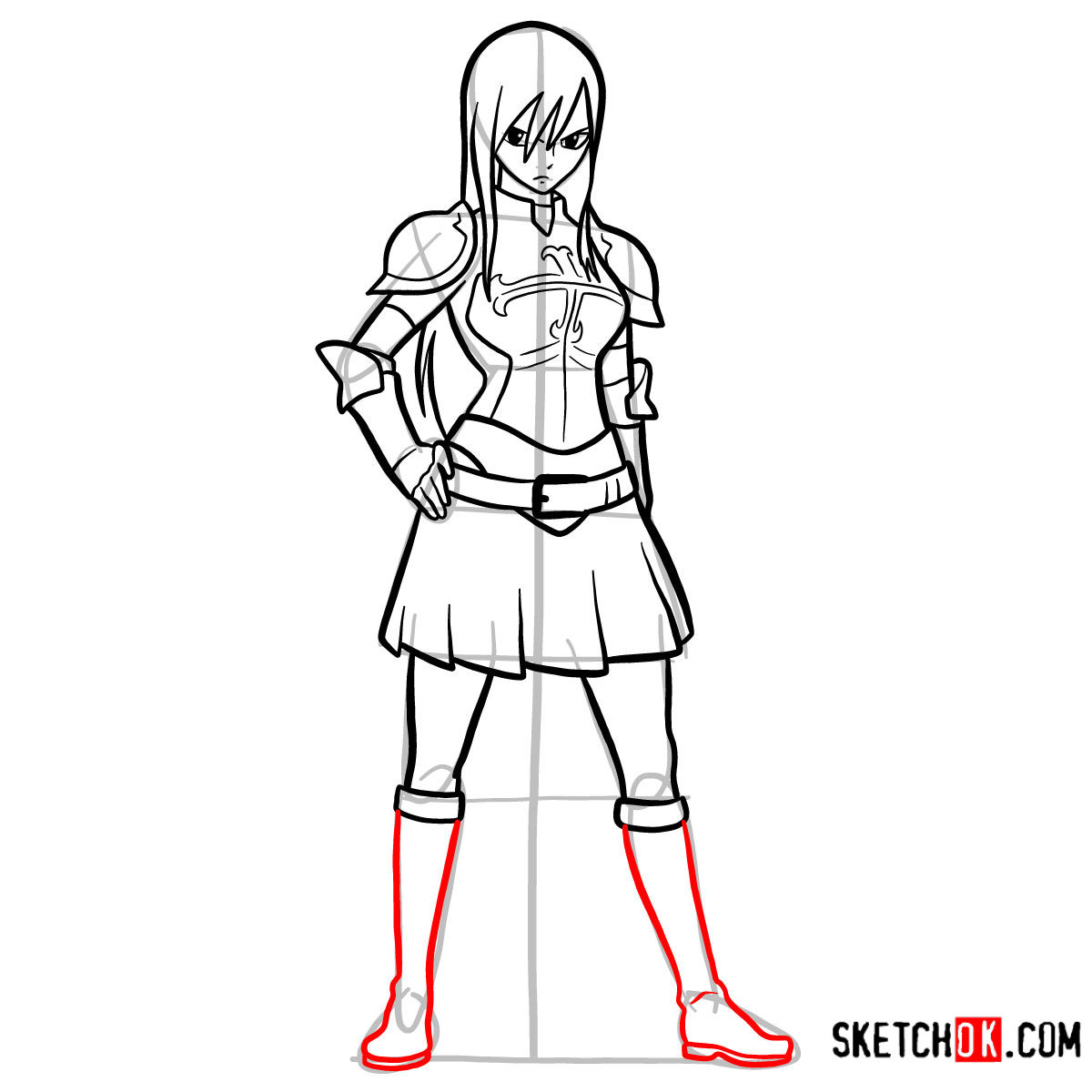15 steps drawing tutorial of Erza Scarlet (fairy tail) - step 14