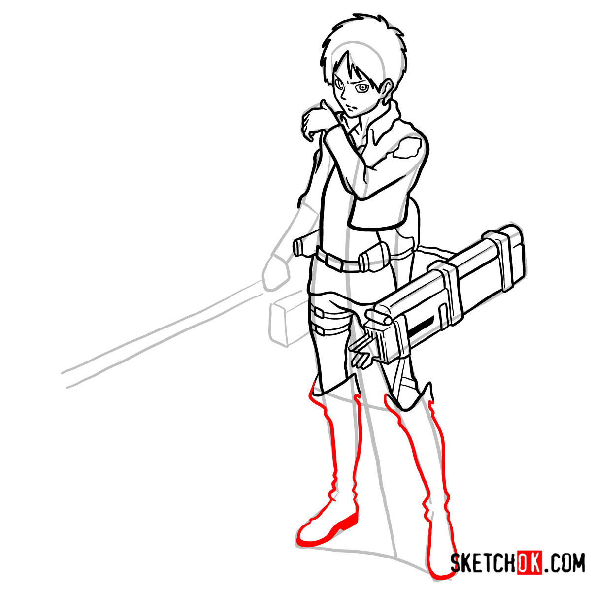 How to draw Eren Jaeger full body with his ODM gear - step 14