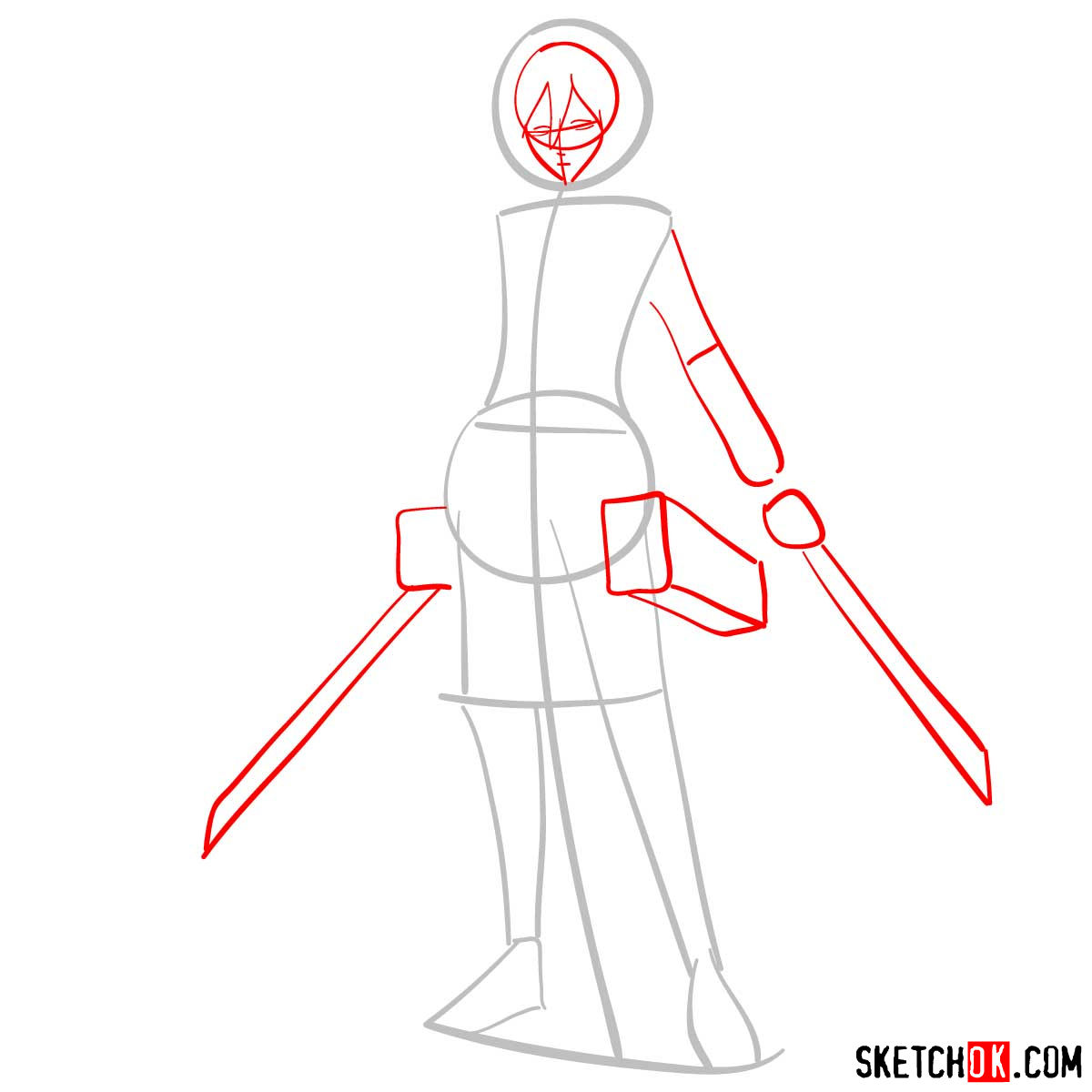 How to draw Mikasa Ackerman with her weapons - step 02
