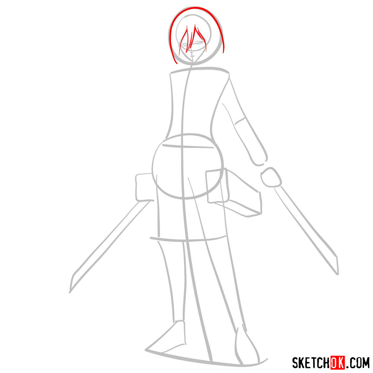 How to draw Mikasa Ackerman with her weapons - step 03