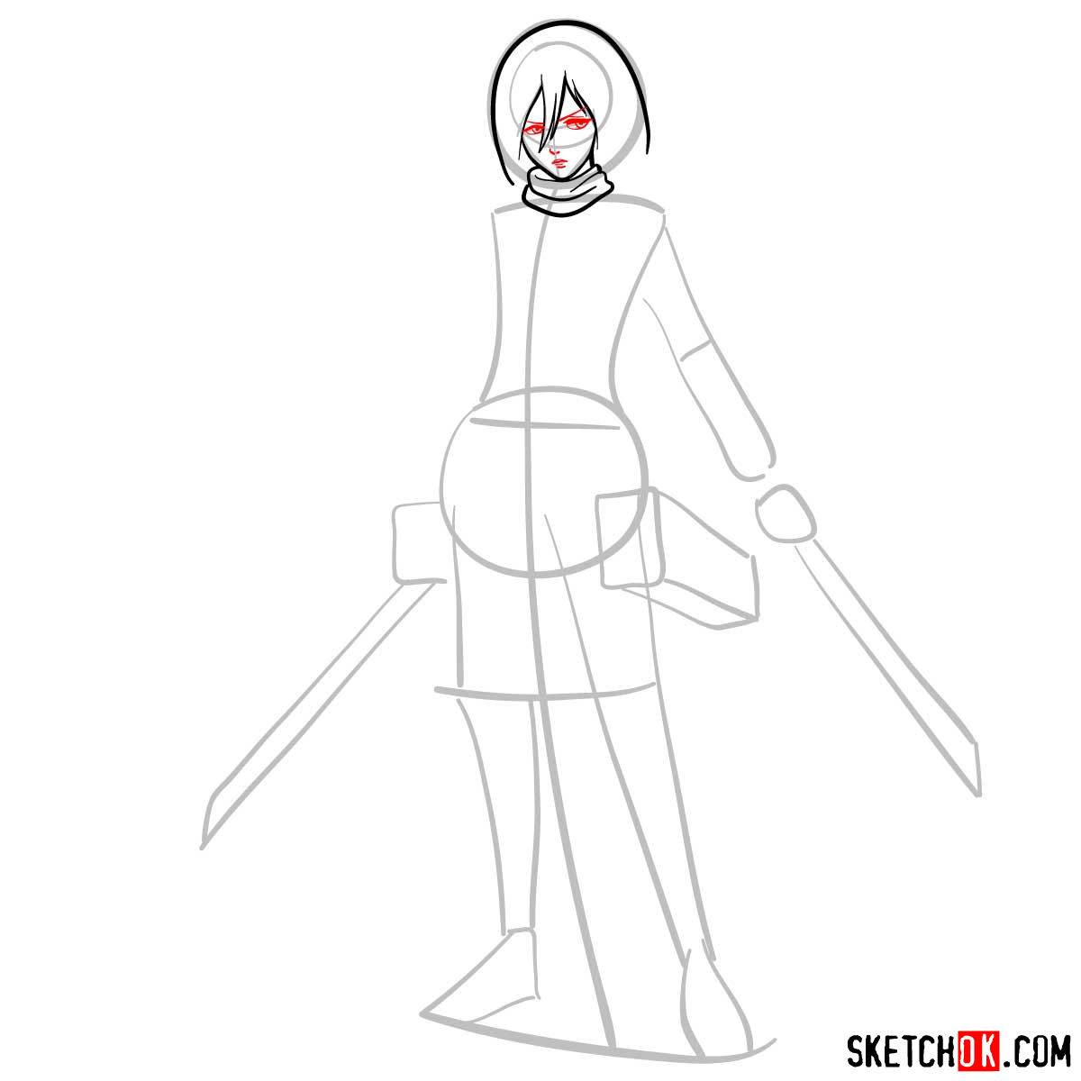 How to draw Mikasa Ackerman with her weapons - Sketchok easy drawing guides