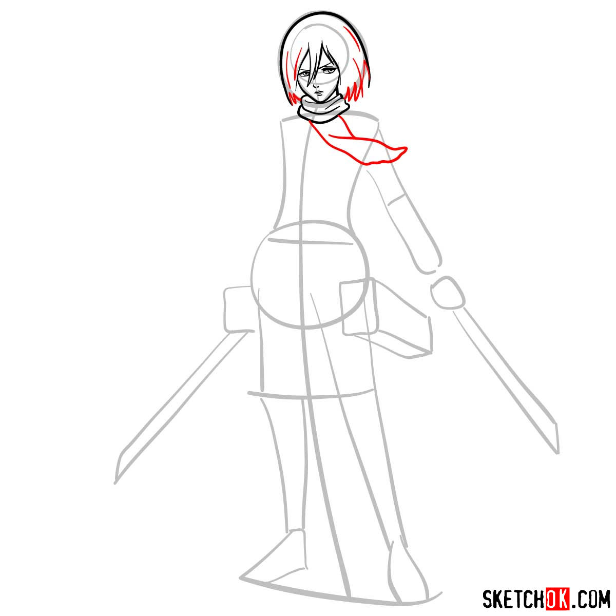 How to draw Mikasa Ackerman with her weapons - step 06
