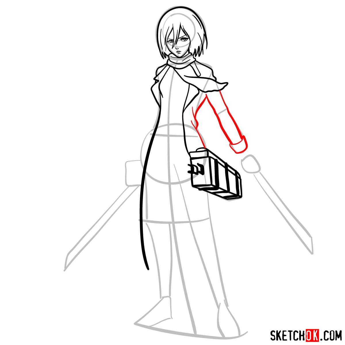 How to draw Mikasa Ackerman with her weapons - step 09