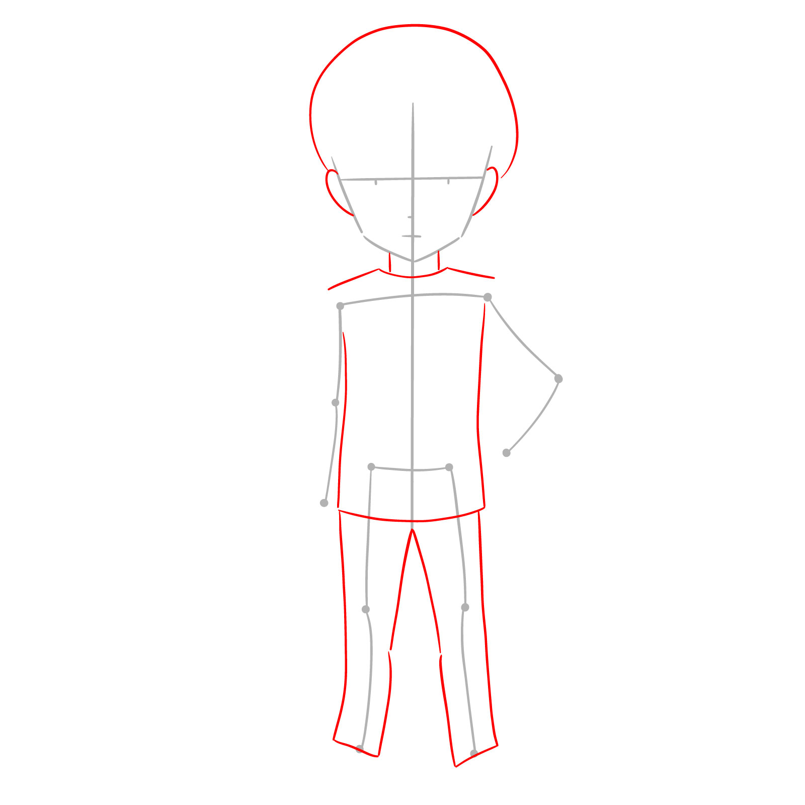 Progression of chibi Levi drawing with head shape, ears, and body outlines - step 02
