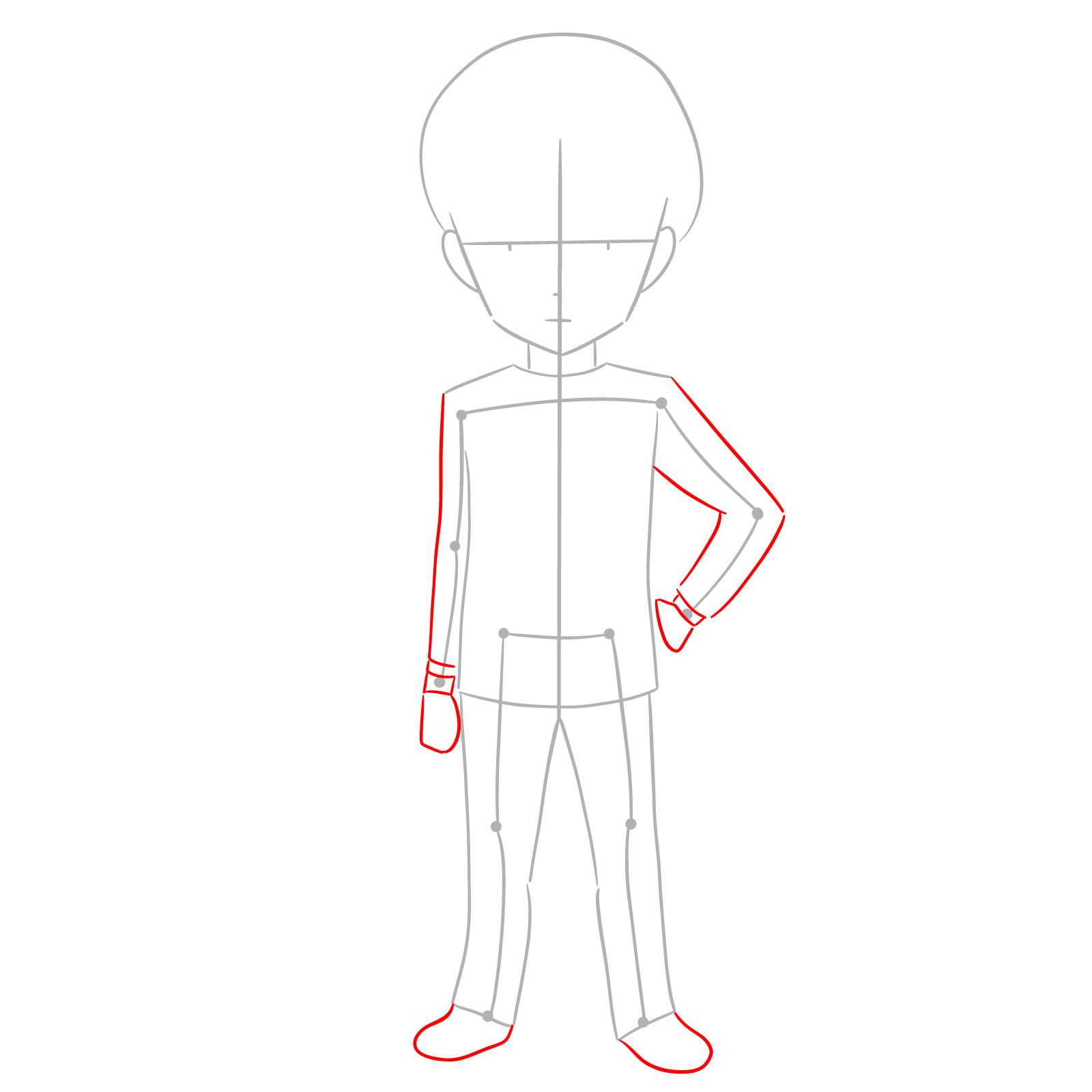 Adding hands and feet shapes to the chibi Levi drawing guide - step 03