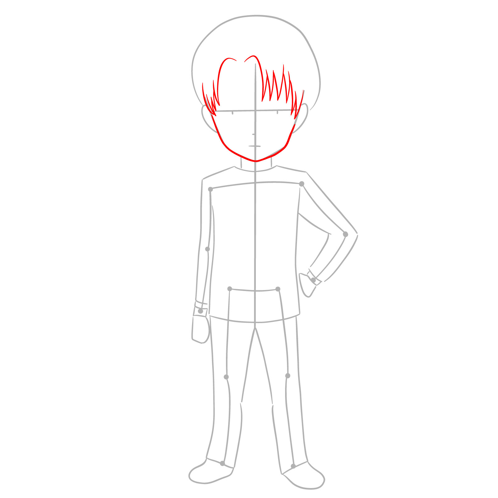 How to draw Chibi Levi - outline with face frame and hair fringe added - step 04