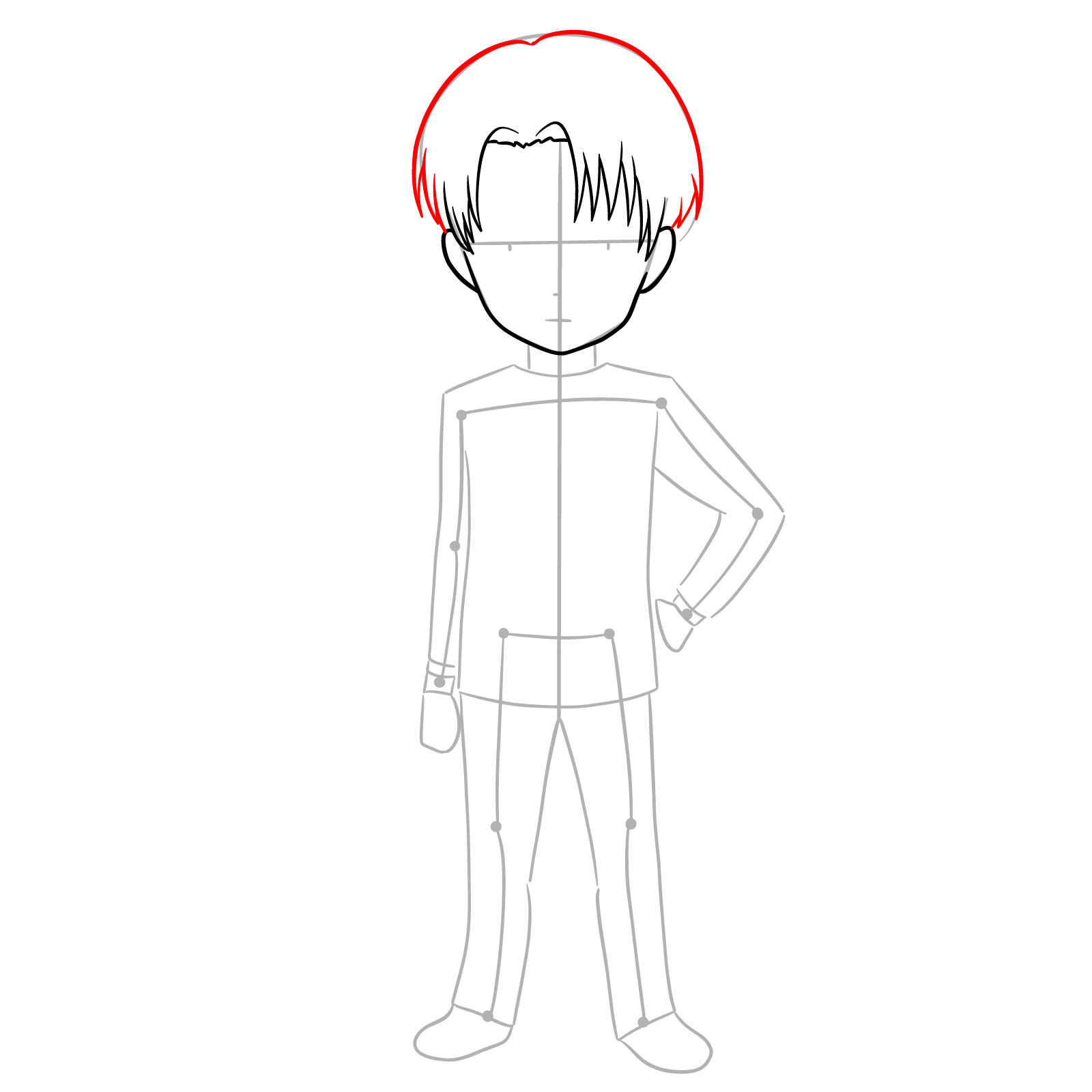 Chibi Levi drawing with hairstyle forms on top of the head - step 06