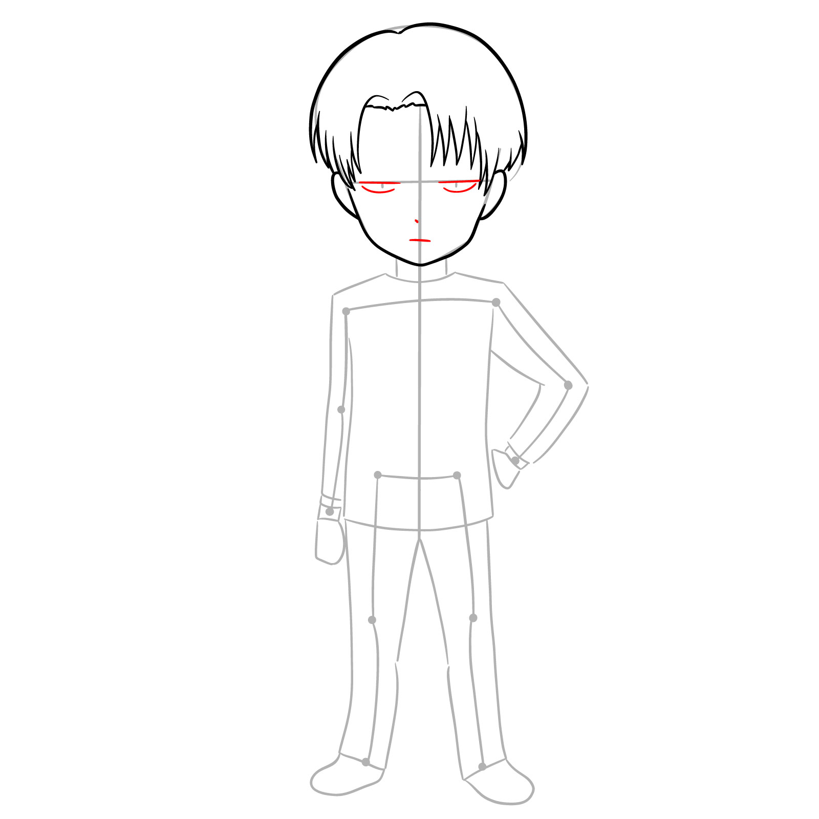 Outlining eyes, nose, and mouth for chibi Levi drawing step - step 07