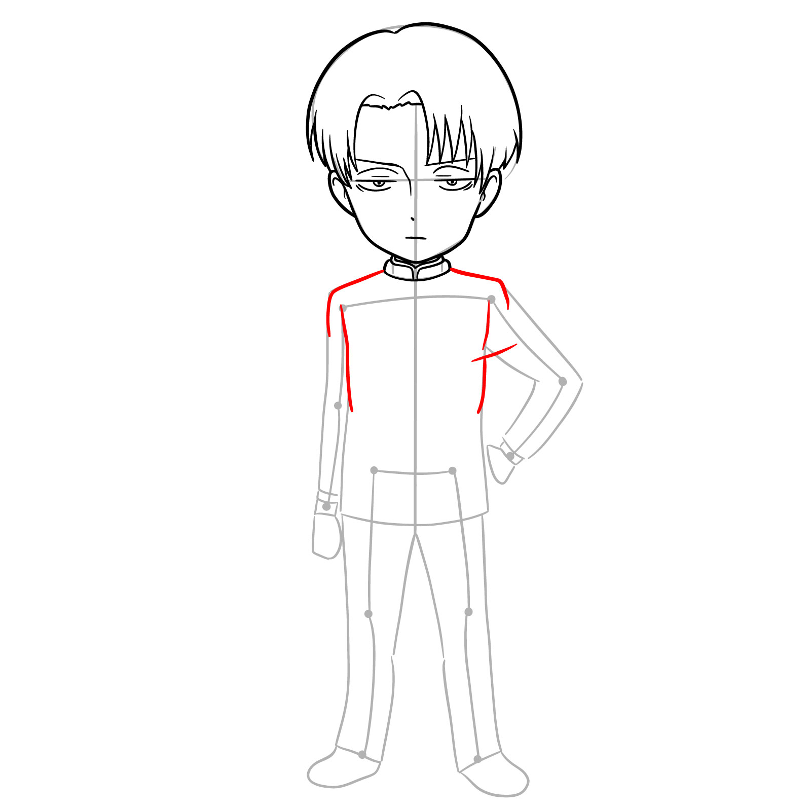 Levi chibi easy drawing guide - time to add shoulders and upper torso outline - step 10
