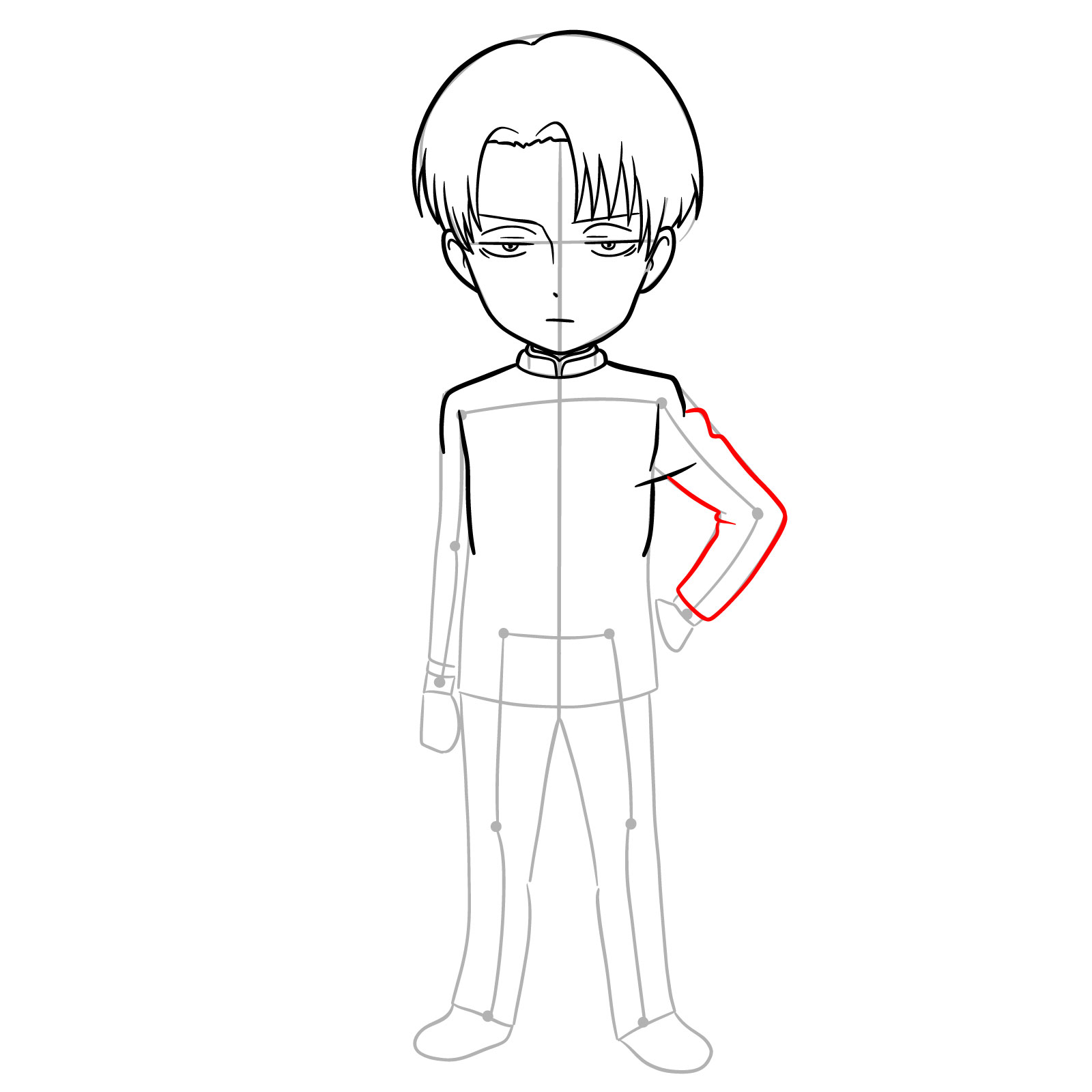 Chibi Levi Ackerman easy drawing with the outline of the arm resting on the hip - step 11