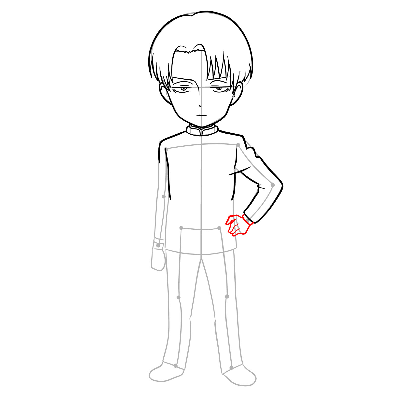 Chibi Levi's hand on the hip sketched out in the drawing guide - step 12