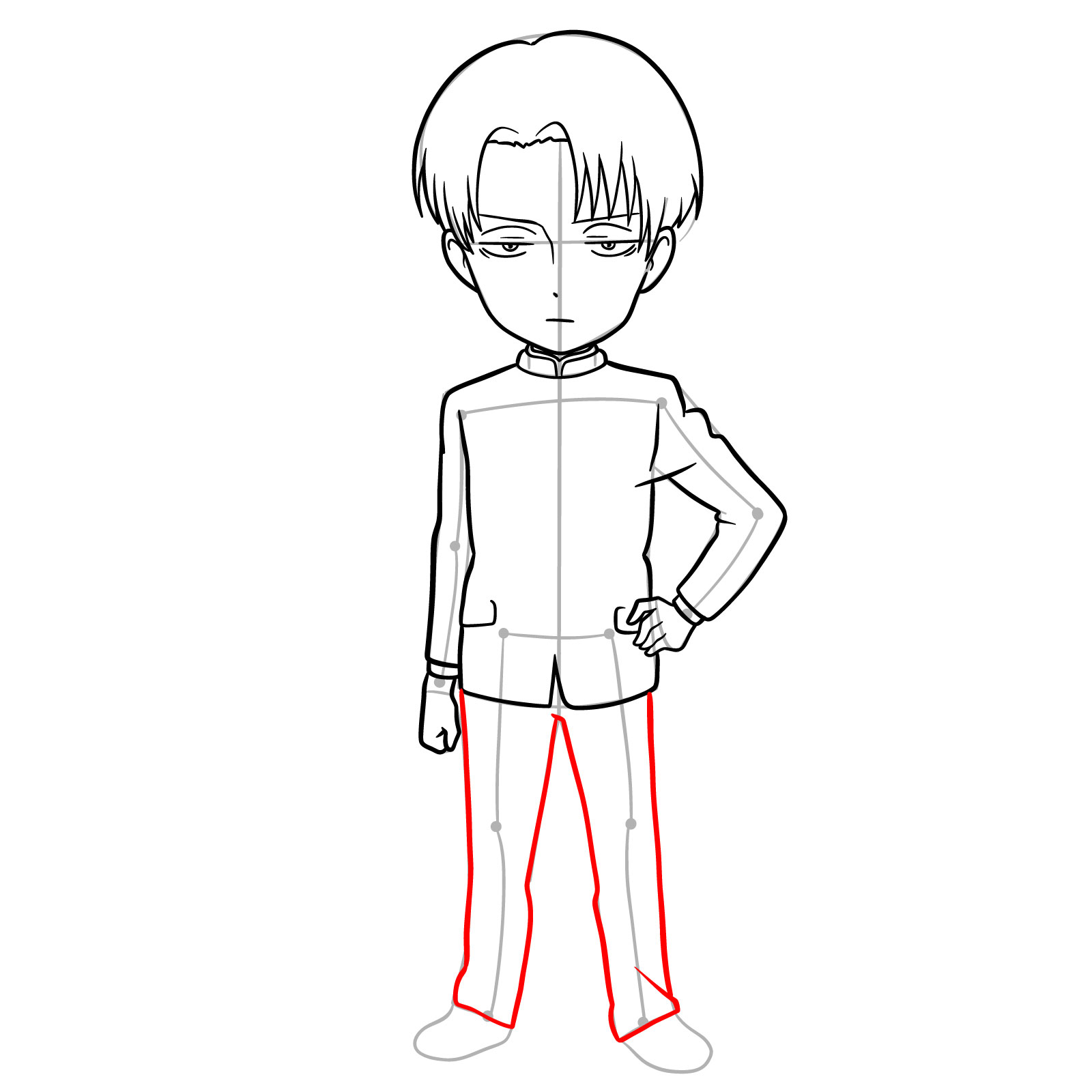 Drawing the pants on chibi Levi in the step-by-step guide - step 16