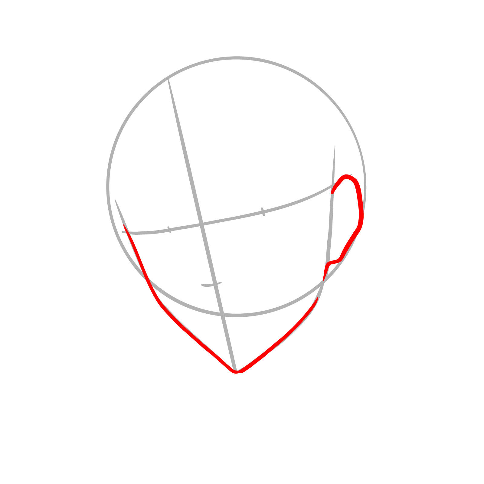 Outline of Captain Levi's face and ear placement in a 3/4 view - step 03
