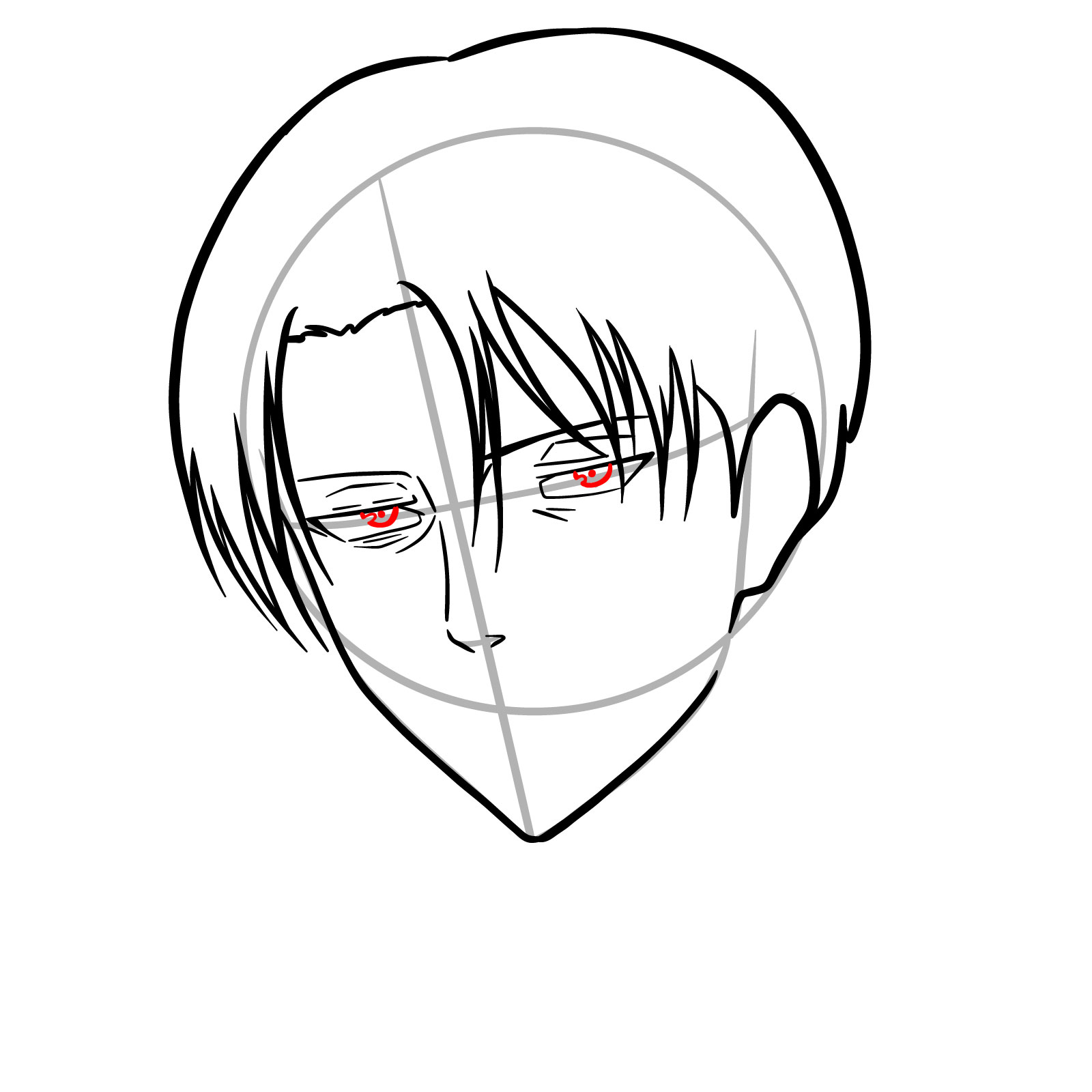 Adding eyeballs to Levi's face drawing in the 3/4 angle guide - step 10