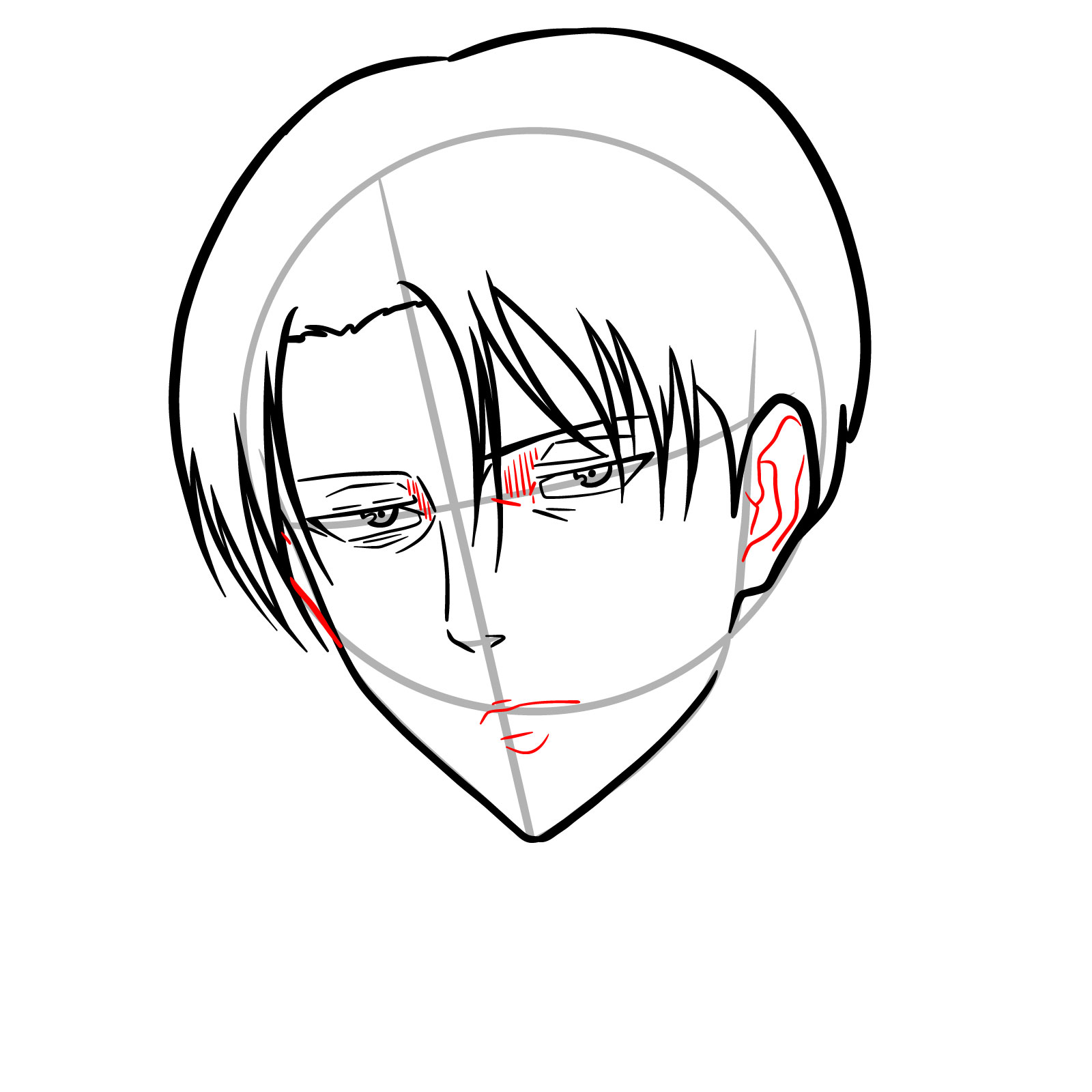 Mouth, ear details, and facial shading lines in Levi face drawing - step 11