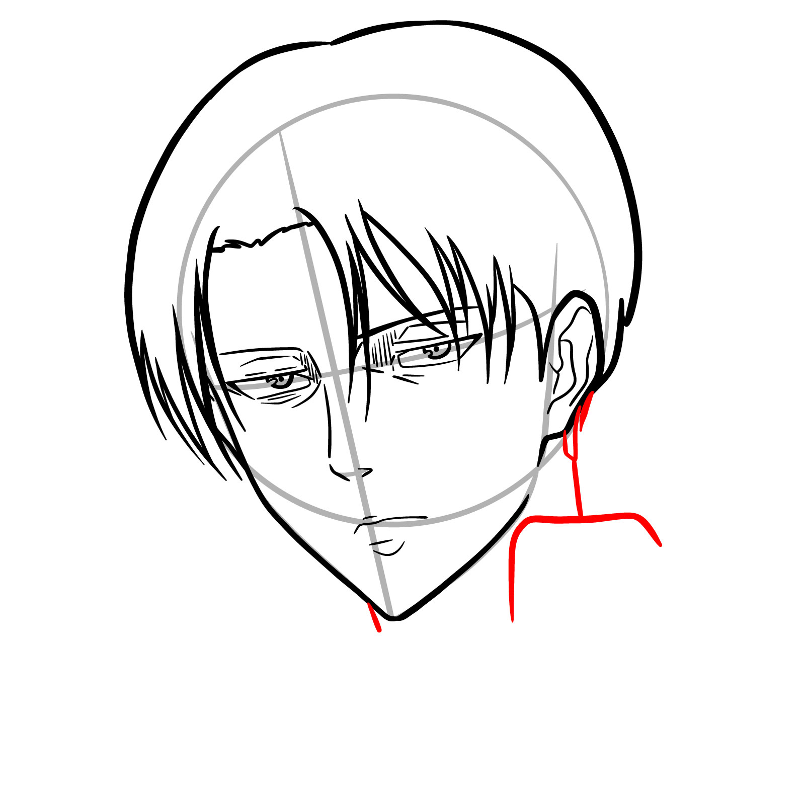 Captain Levi's neck and collar drawing in the 3/4 view guide - step 12